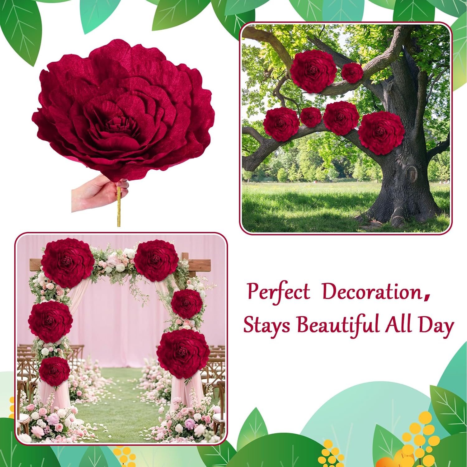 Norme 3 Pcs Derby Day Artificial Giant Flowers for Decoration 12, 16, 20 Inch Wedding Large Rose Petals Giant Flowers Large Burgundy Red Rose for Home Decor, Anniversary Birthday Valentine's Day