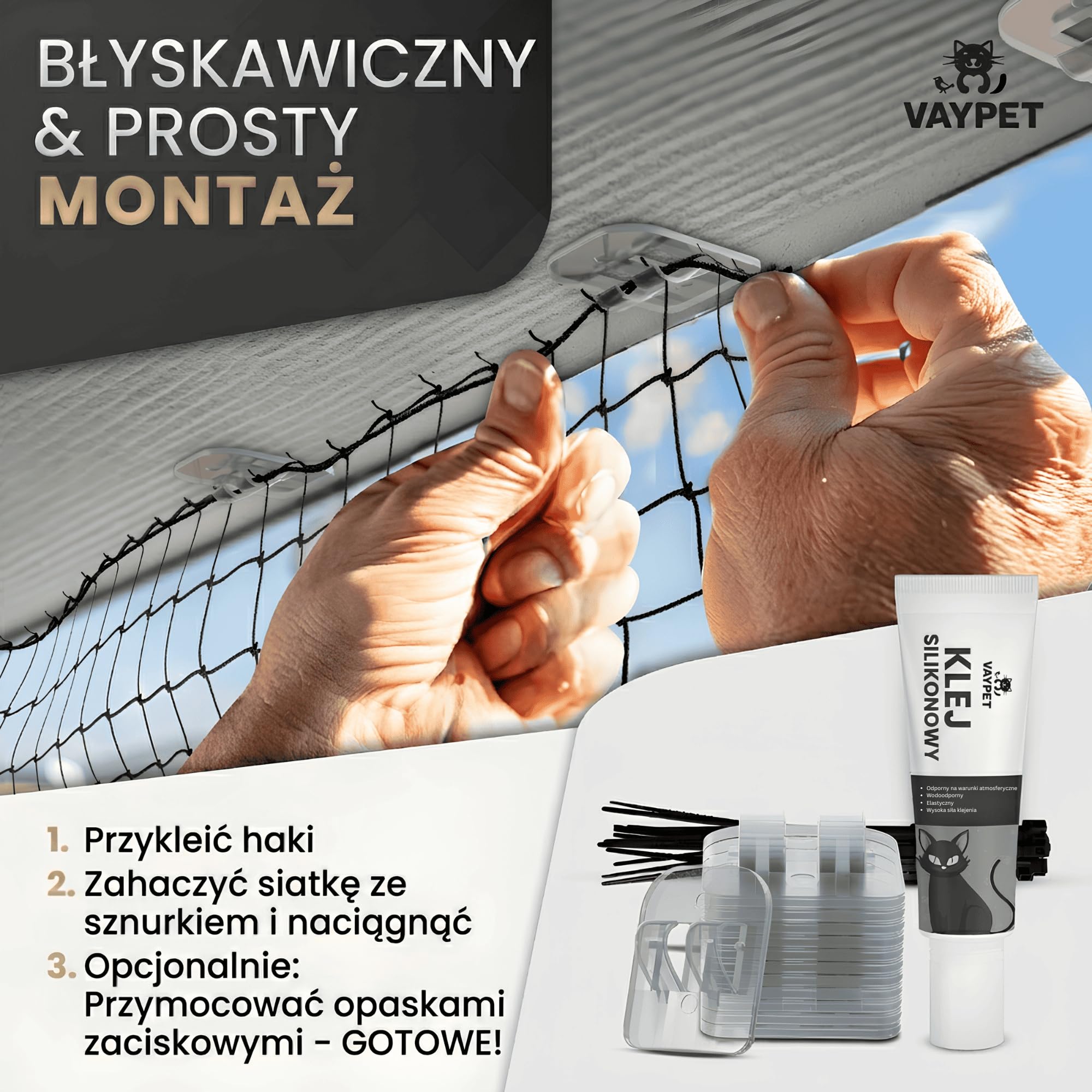 VAYPET® Siatka dla Kota na Balkon [4x3m] - bez Wiercenia, wzmocniona | W zestawie Haczyki + Klej Silikonowy | Siatka wzmocniona Drutem | Siatka Ochronna dla Kota na Balkon, Okno