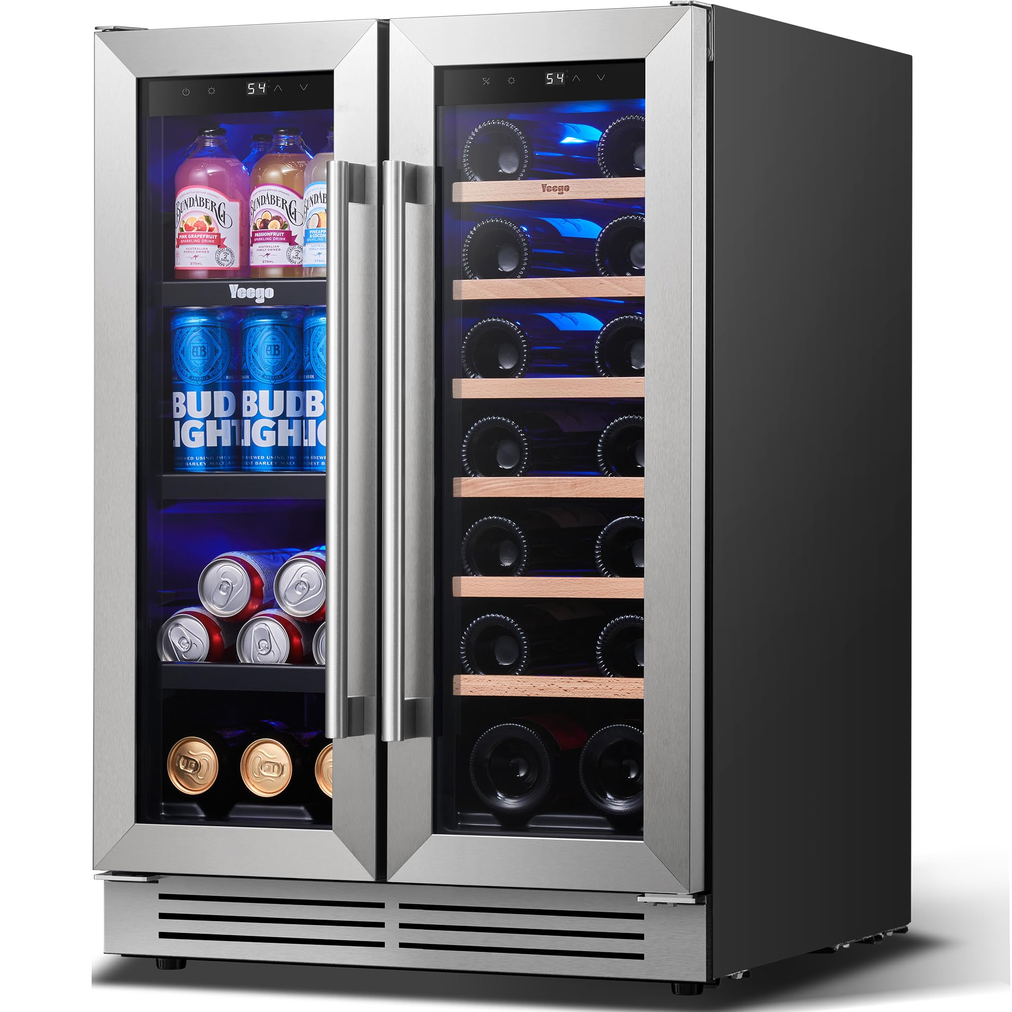 Yeego Wine and Beverage Refrigerator - 24 Inch Dual Zone Wine Fridge 60 Can & 20 Bottle, 36-72°F Cooler Built in Under Counter Fridge with Glass Door for Beer Soda Drink Home Bar Office