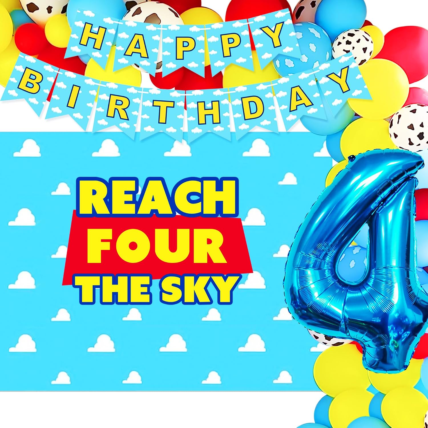 LaVenty Reach Four the Sky Birthday Decorations Cartoon Story Birthday Party Decorations 4th Bday Balloon Garland Arch Backdrop for Boy