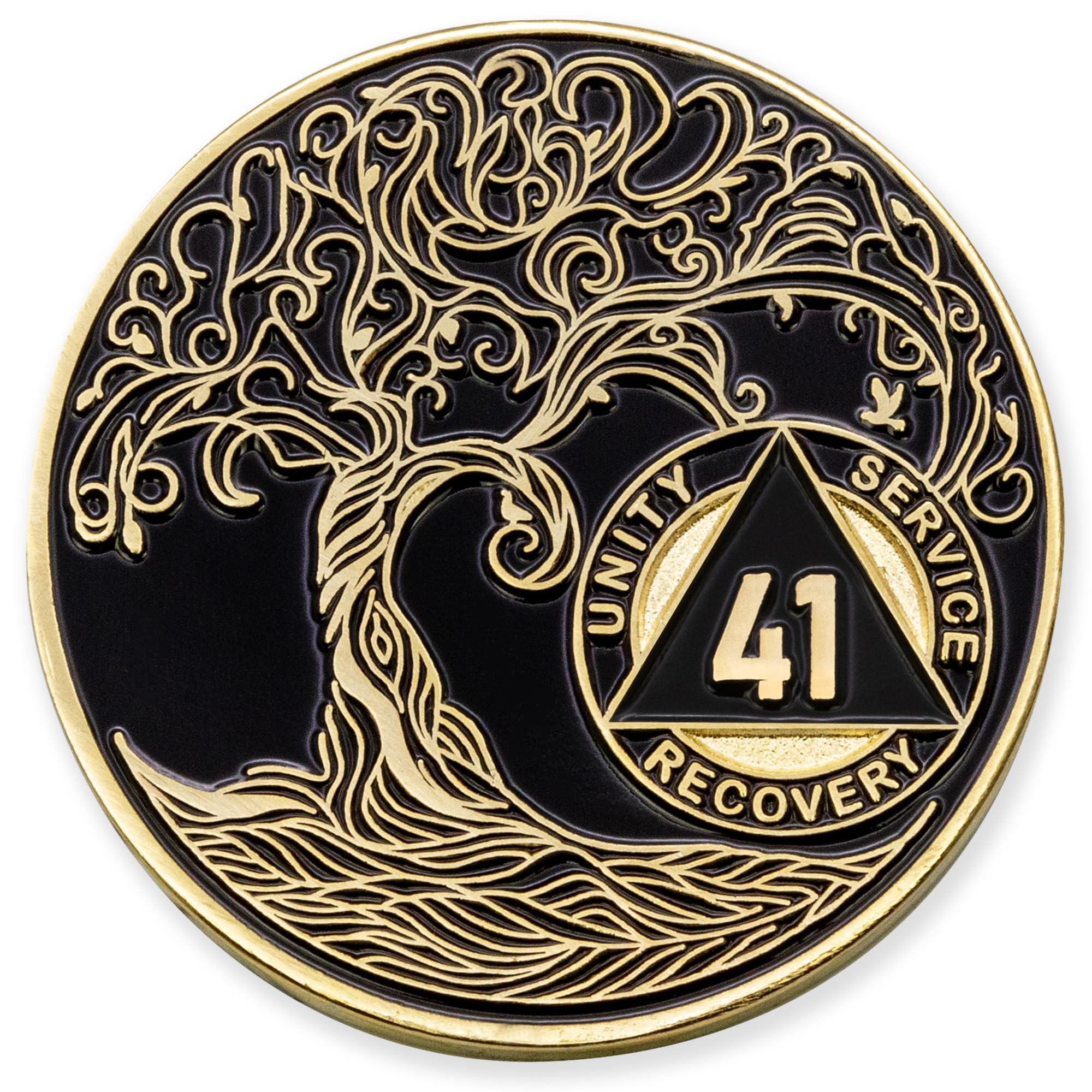 1 to 50 Year Twisted Tree of Life Sobriety Coin - Gold Plated AA Chips &amp; Medallions - 41 Year Sobriety Coin - Black