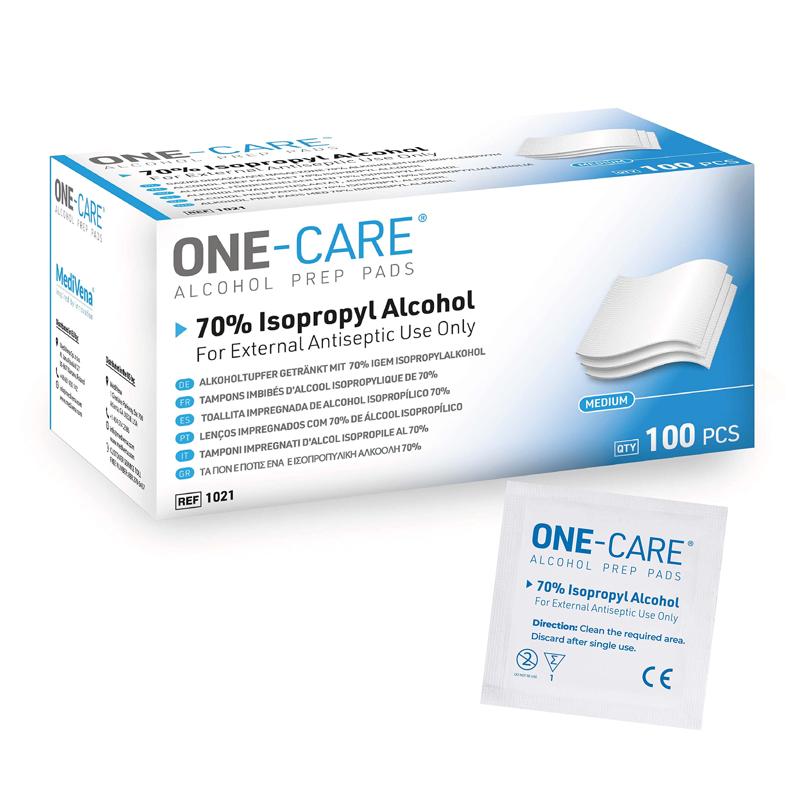 MediVena ONE-CARE Gaziki nasączone 70% alkoholem izopropylowym, rozmiar M 60 x 30 mm, 100 pudełek x 100 szt. = 10 000 szt., Alcohol Prep Pads - waciki odkażające do dezynfekcji, przygotowanie do iniekcji lub pobrania krwi
