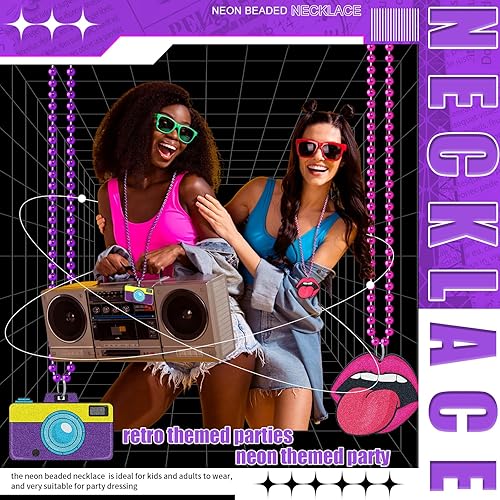 Miniatura 6 de Tigeen 48 collares de cuentas de los años 80 con cuentas metálicas de neón retro, collares de discoteca para fiestas a granel, decoración colorida