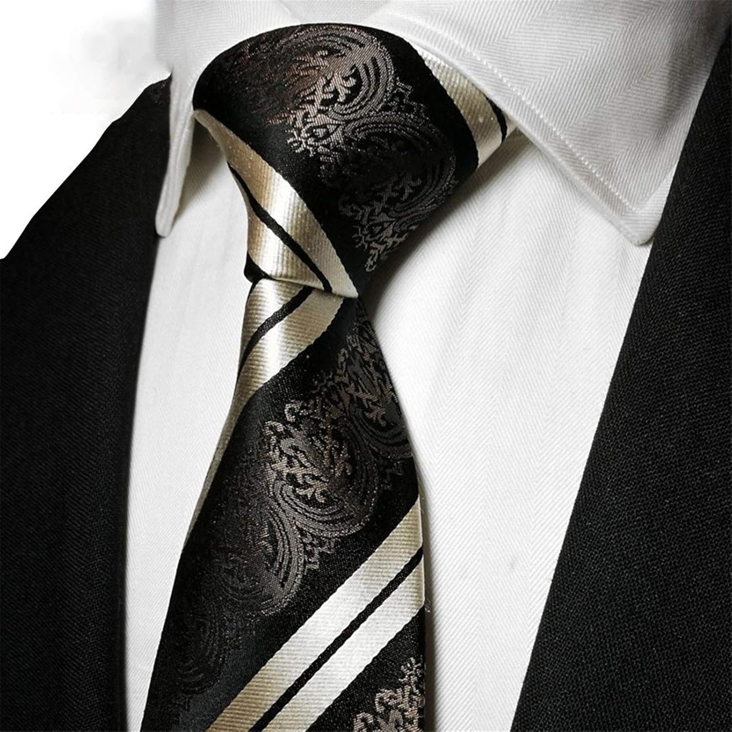 Neckties Brown Banquet Yarn-Dyed Silk Ties Men Black White Stripe Formal Business Tie Set Ethnic Style Cufflinks Square Scarf Set Birthday Gift (Color : Brown, Size : 150 * 8.5cm)