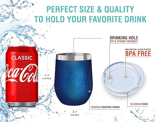 Miniatura 3 de CHILLOUT LIFE - Vaso de vino de acero inoxidable de 355 ml12 oz, doble pared aislada al vacío, tazas de vino con tapas y popotes