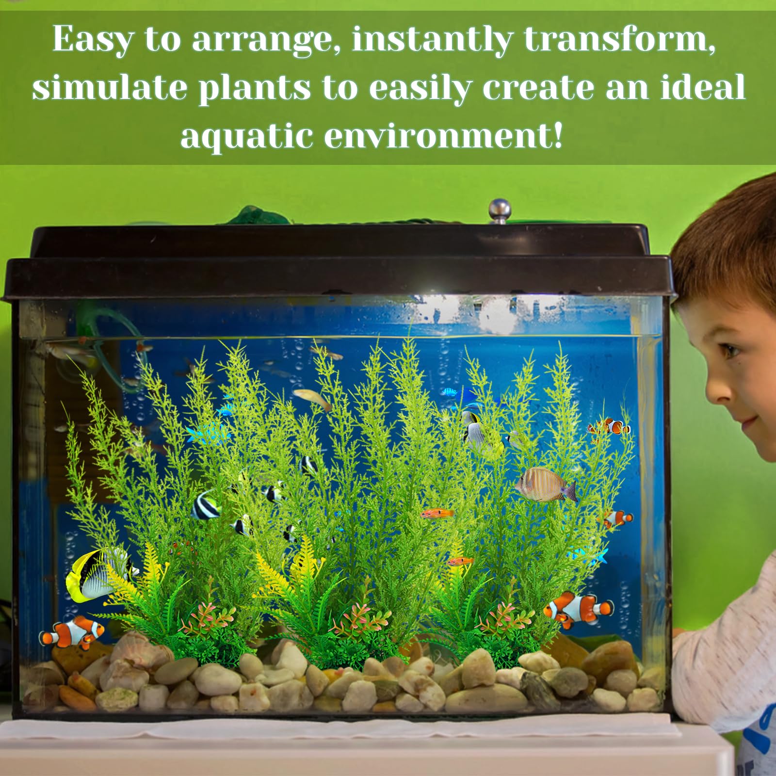 QUOZUO Accessoires pour aquarium - Grandes plantes vertes - Décoration d'aquarium - Plantes en plastique - 3 pièces