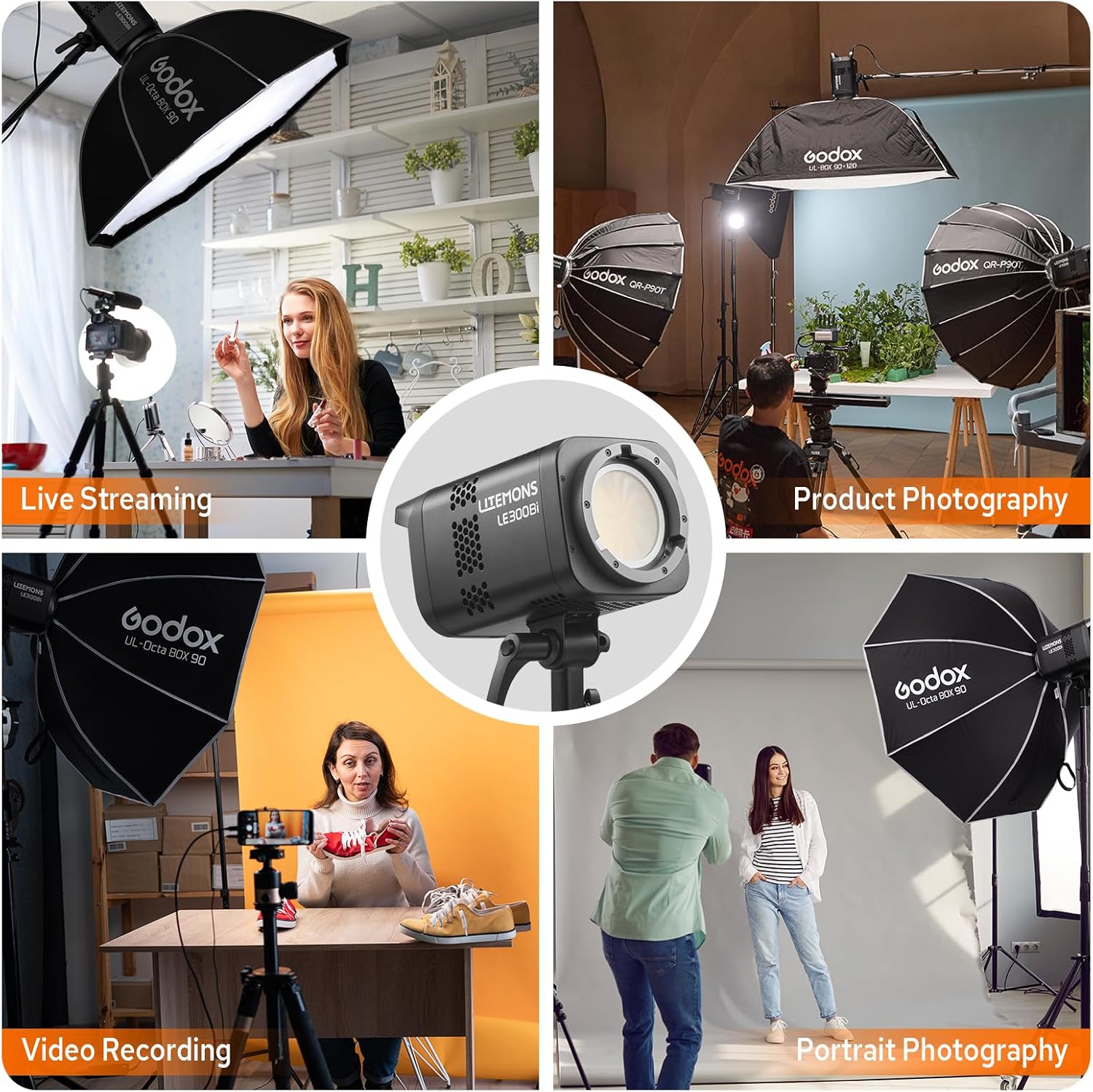Godox LE300Bi 315W Bicolor LED Video Light, Powerful LED Continuous Output Lighting Bowens Mount,58900lux/1m, 2800K~6500K, CRI 98, FX Mode, Studio Light for Photography Video Recording Live Streaming