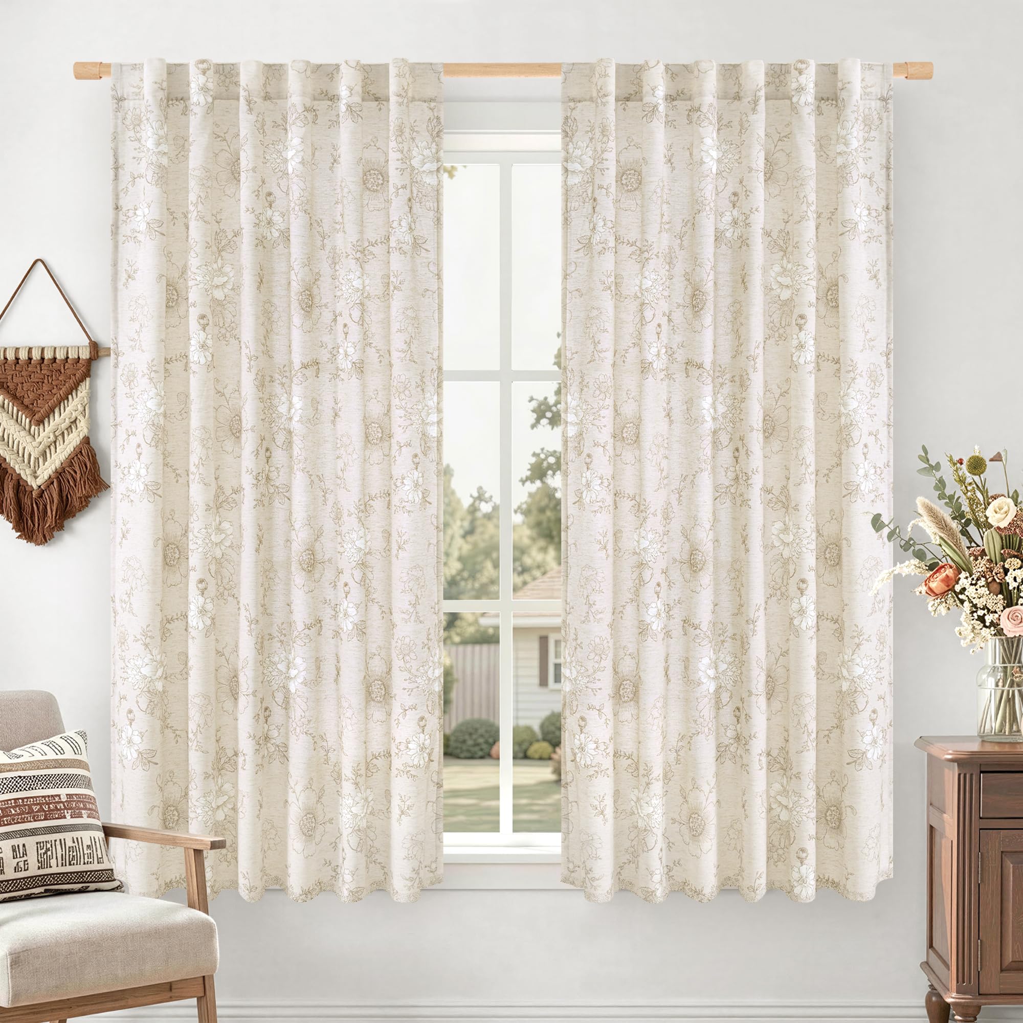 Vintage Floral Linen Curtains - 84 Inch Panels -17