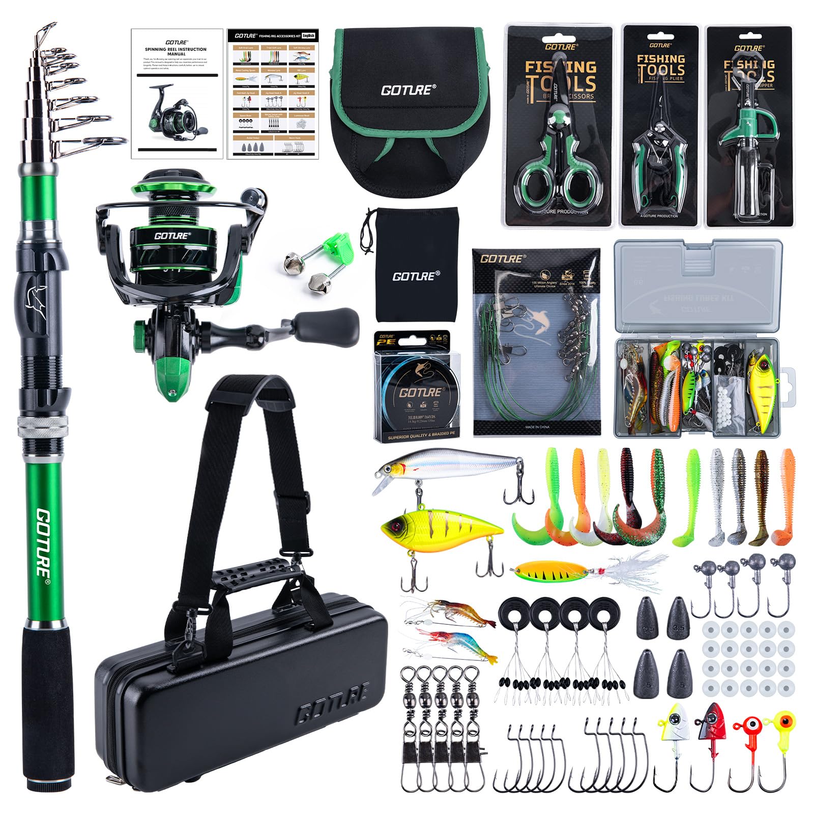 Goture Fishing Rod and Reel Combos with Hard Case Bag, Green Telescopic Pole Spinning Reel Lures Set, Telescopic Fishing Rod Fishing Kit for Travel Saltwater Freshwater 2.7M