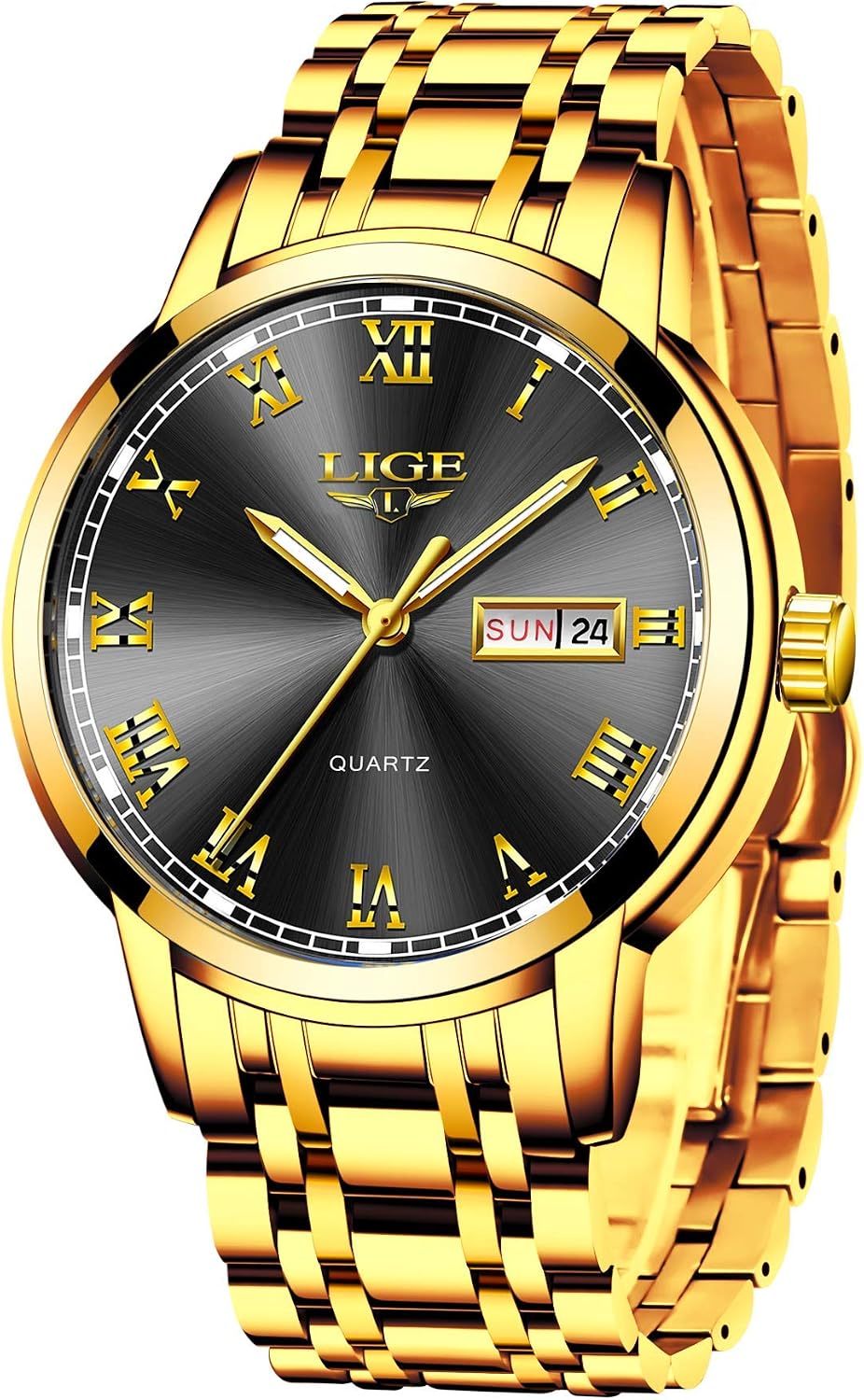 LIGE Watches Mens Stainless Steel Waterproof Quartz Watch Sports Business Watch, Black Face Gold Pointer
