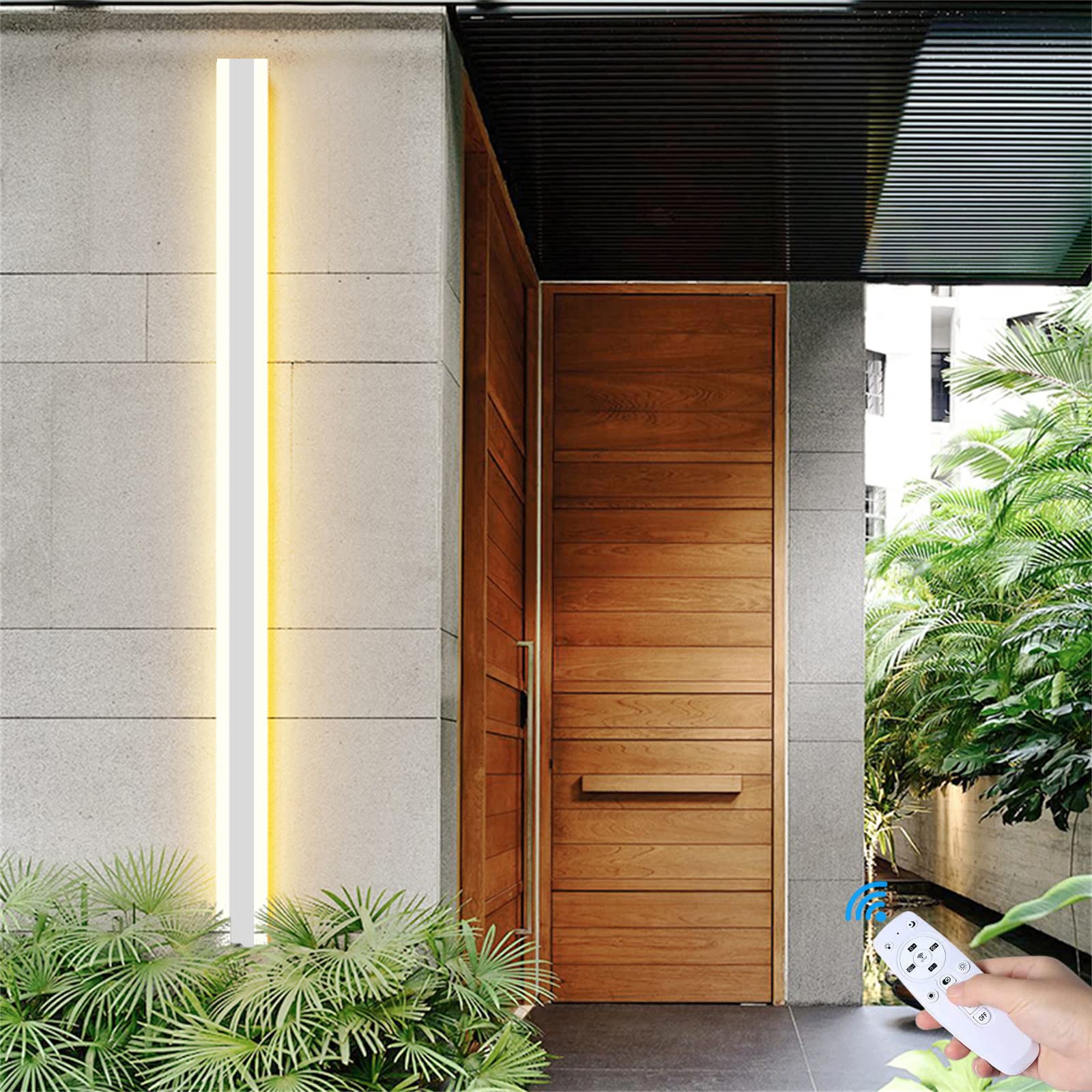 LED Blanco Exterior Apliques de Pared Regulable con Control Remoto Lámpara de Pared Exteriores Interior Largo Barra Brillo Ajustable IP65 Impermeable Luz de Aluminio Balcón Jardín Porche (80cm 46W)
