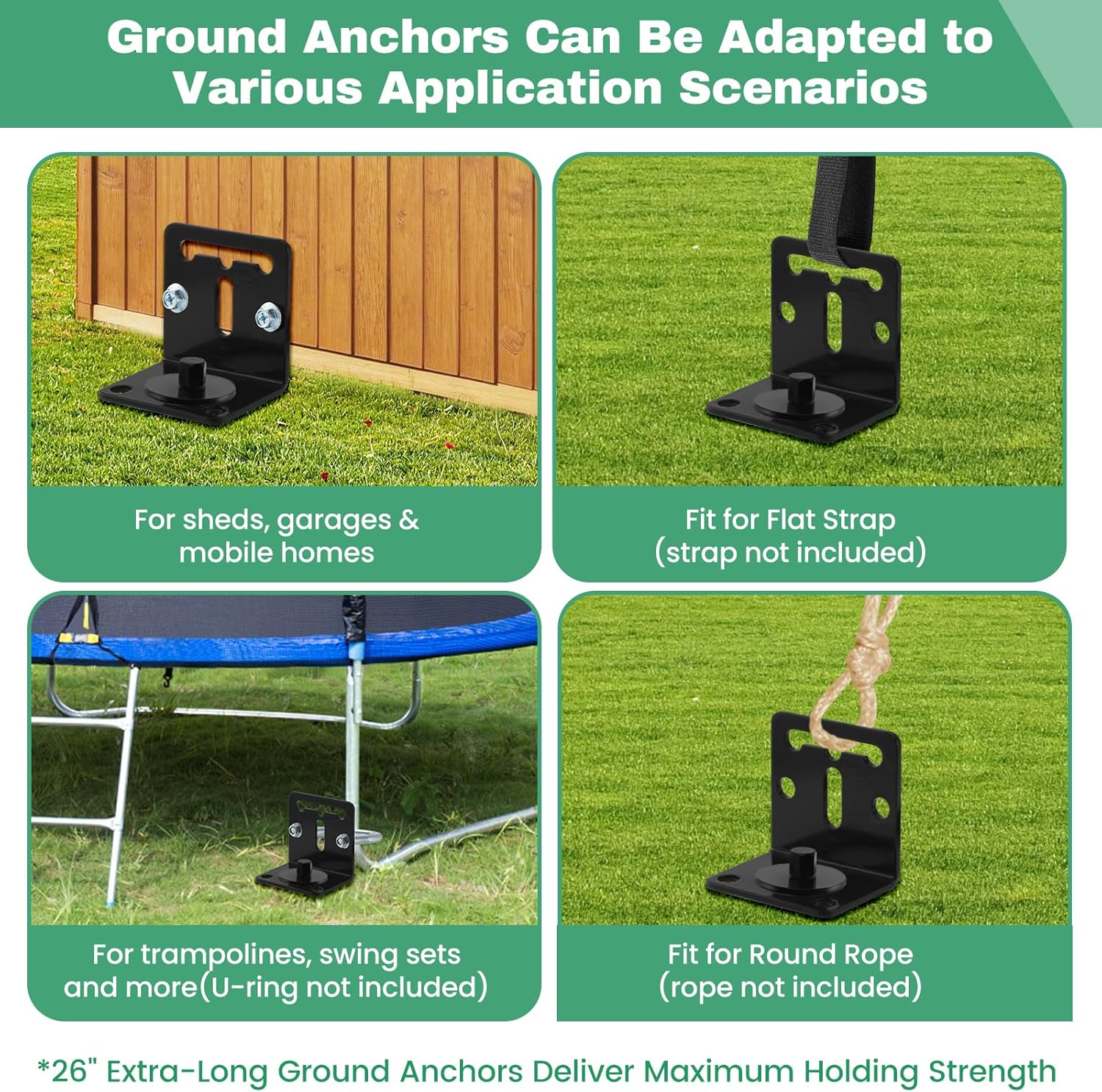 26" Ground Anchors Screw in Heavy Duty, Mobile Home Anchors - Shed Anchor Kit with L Bracket & Drill Adapter, Earth Anchor for Swing Sets, Trampolines, Carports, Storage Sheds, Fences (4×26in)