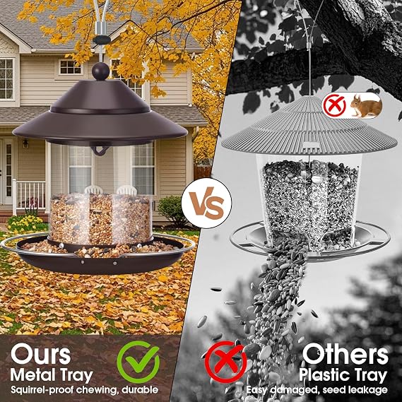 Bird Feeders for Outdoors, Hanging Small Metal Roof Bird Feeder with Clear Tube Seed Capacity for Viewing Cardinal Finch, Wild Birdfeeders for Outside Garden Yard Decoration (2lb:Brown)