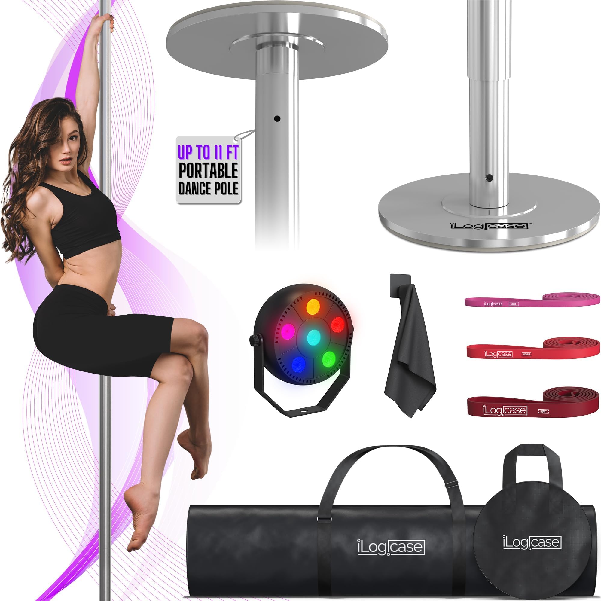 Spinning Dancing Pole for Home | Portable and Heavy Duty 45mm Dance Pole Apartment Friendly, Adjustable Height 7ft to 11ft, w/Pole Conditioning Bands Set, LED Light and Carry Bags