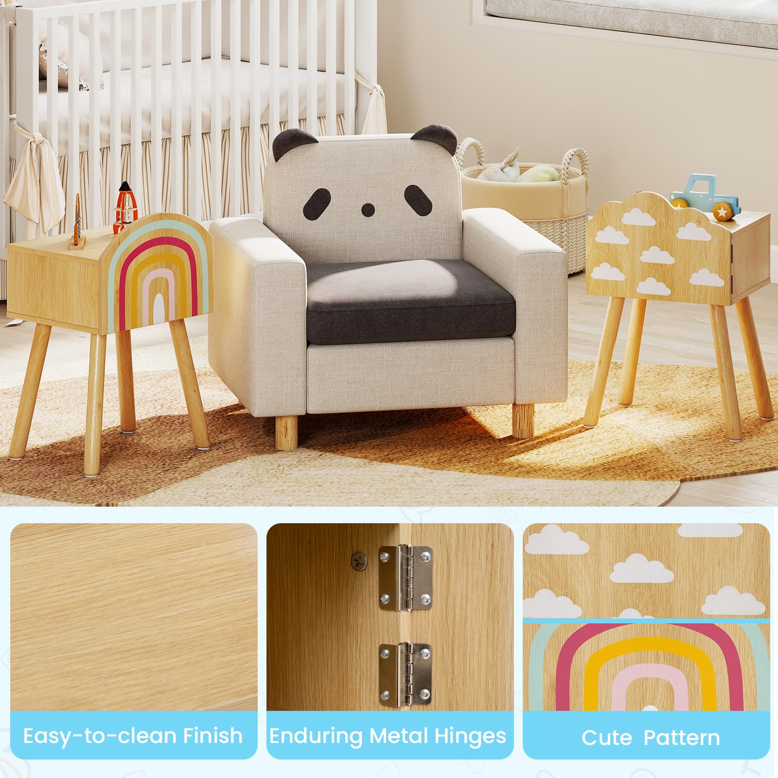 KOMFOTTEU Set di 2 comodini per bambini, comodini per bambini, con gambe in legno massello, tavolino ausiliario con dispositivo antiribaltamento, tavolo testiera con motivi arcobaleno e nuvole