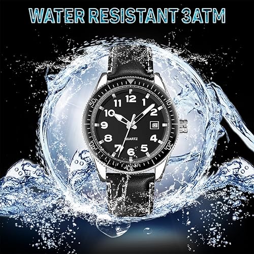 Miniatura 5 de Reloj para hombre con correa de cuero y caja de acero inoxidable, lente de cristal mineral resistente a arañazos, números arábigos y seguimiento de