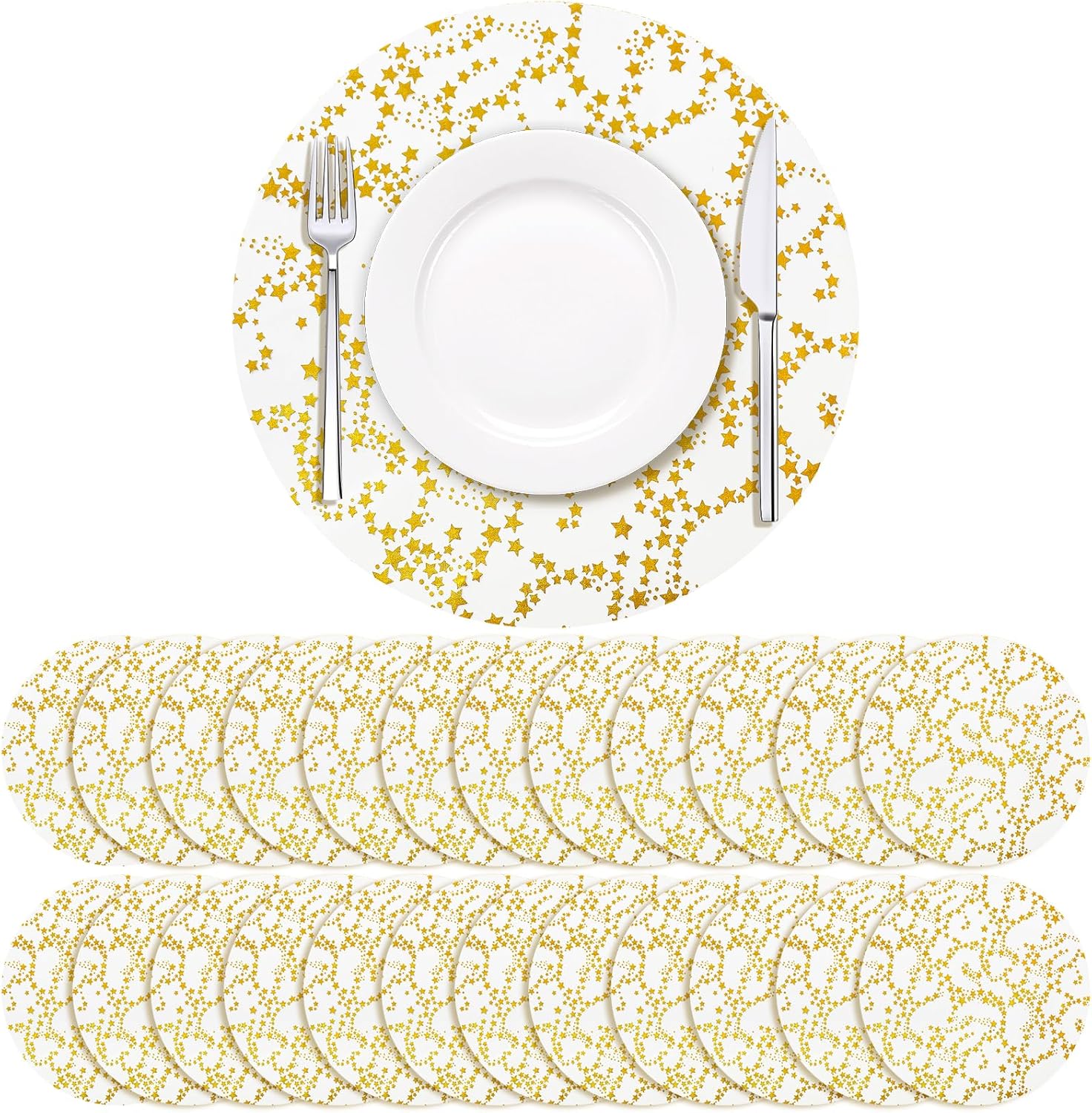 Soleebee 100 Pack Disposable Placemats, Thin Round 13 Inch Golden Stars Table Mates, Charger Doilies Table Placemates for Wedding Birthday Party Dining Table Holiday Home Decoration