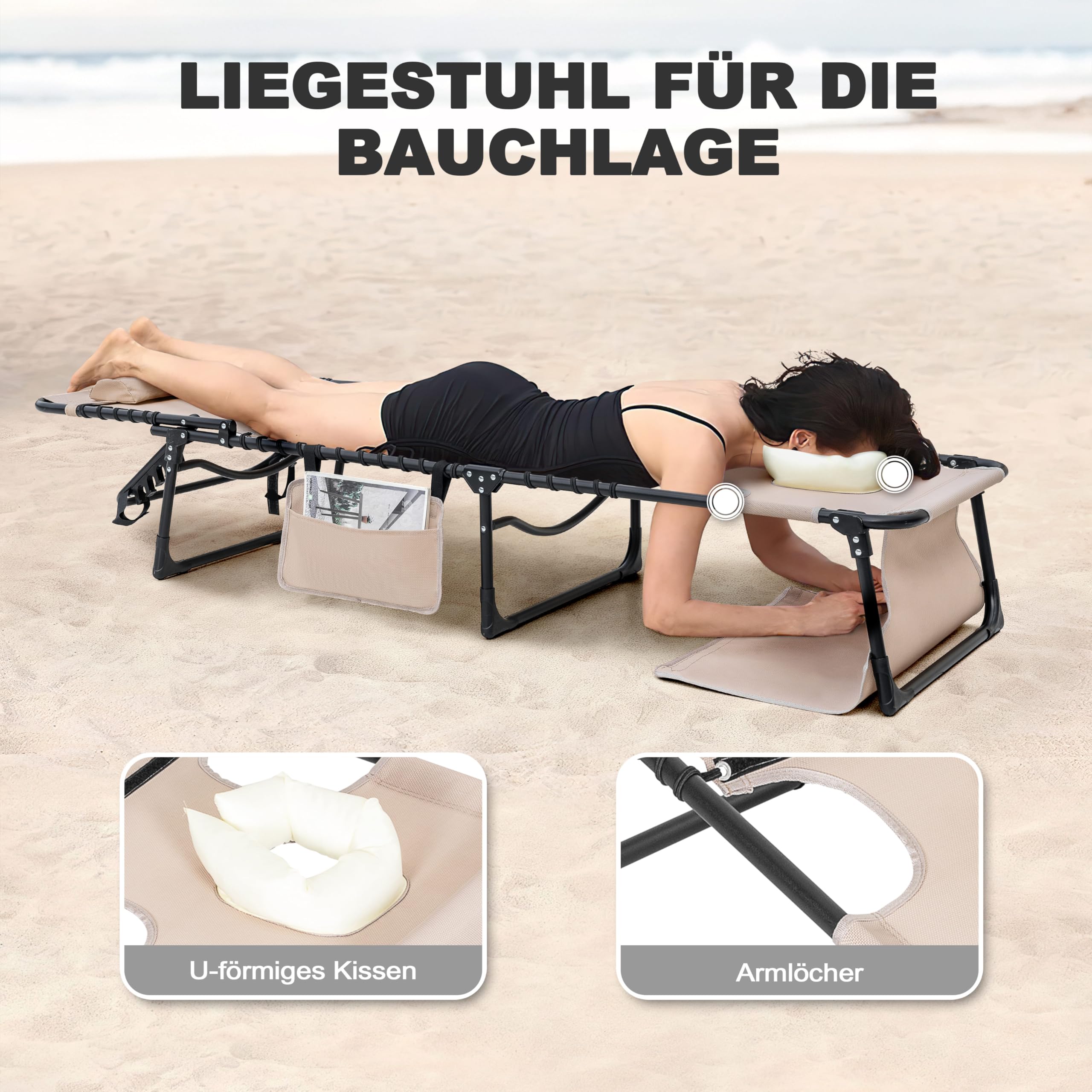 Avestar Sonnenliege Klappbar, Tragbare Gartenliege, 5-Fach Verstellbarer Liegestuhl inkl. Seitentasche, Kopfkissen und Gesichtsausschnitt, für Garten, Balkon, Terrasse, Strand und Camping, Taupe