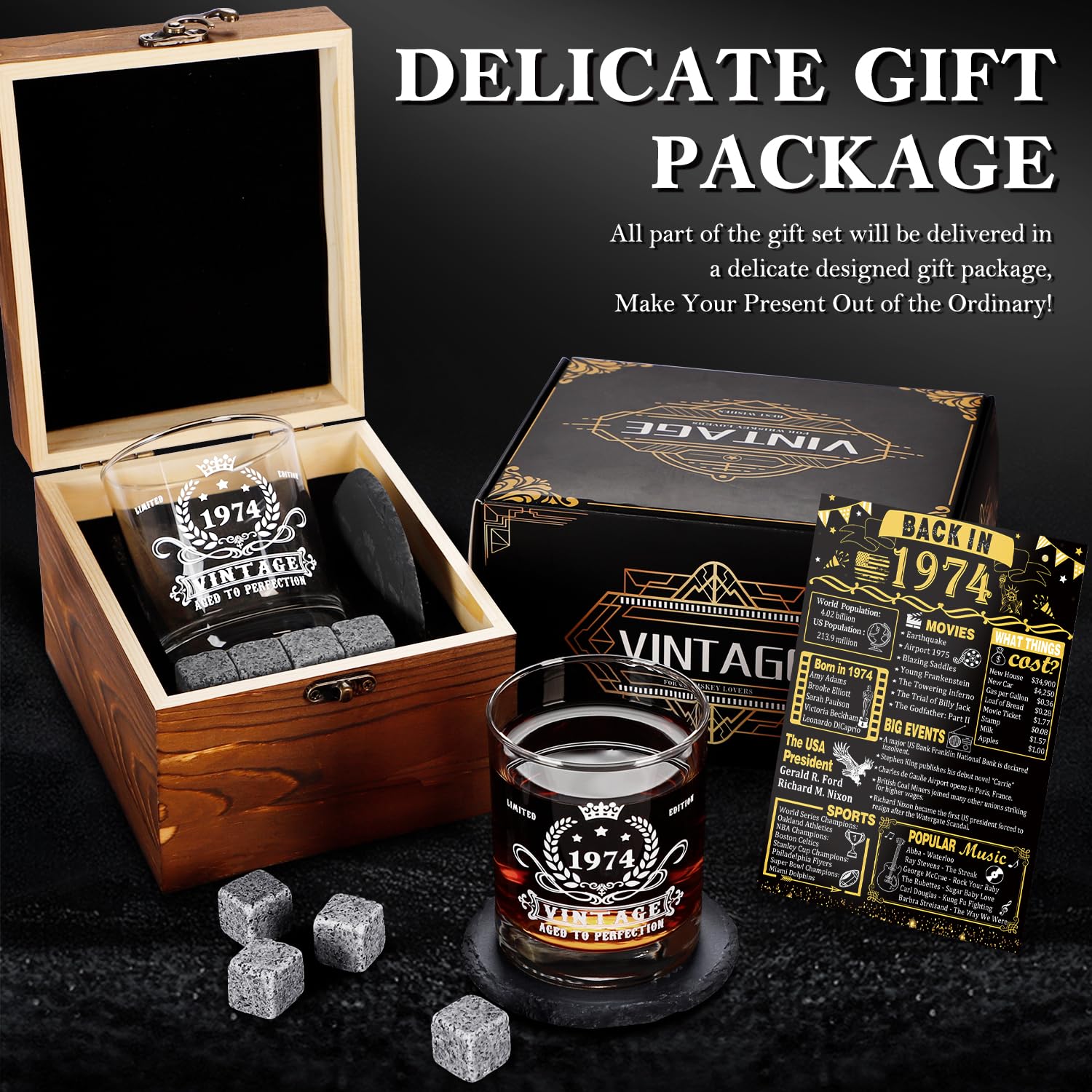 Snapklik.com : 50th Birthday Gifts For Men,Vintage 1974 Whiskey Glass Set,Wood Box & 1974 Poster ...