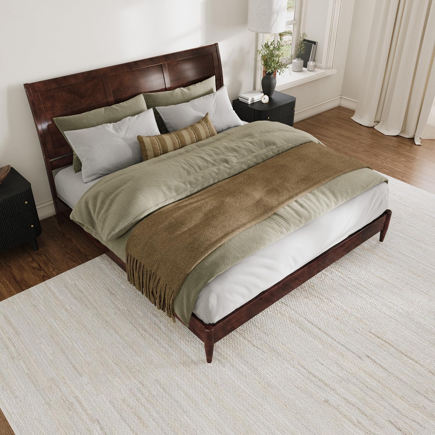 HomeStock Vintage Variety King Solid Wood Low Profile Sleigh Platform Bed in Walnut