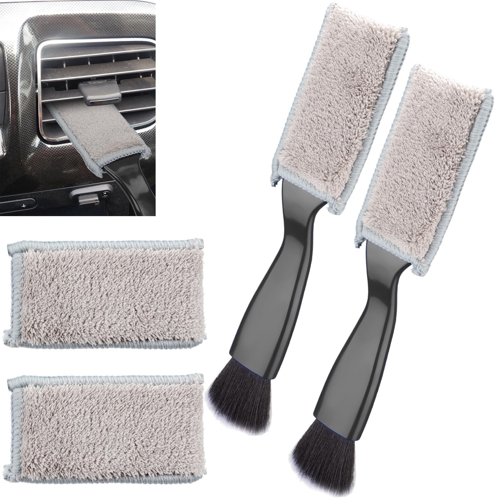 2PCS Double Head Brush for Car Clean, Car Accessories Universal 2 in 1 Car Detailing Brush, Double Ended Portable Dust Brush with 4 Cleaning Cloth, for Air Conditioner Outlets, Dashboard Screen