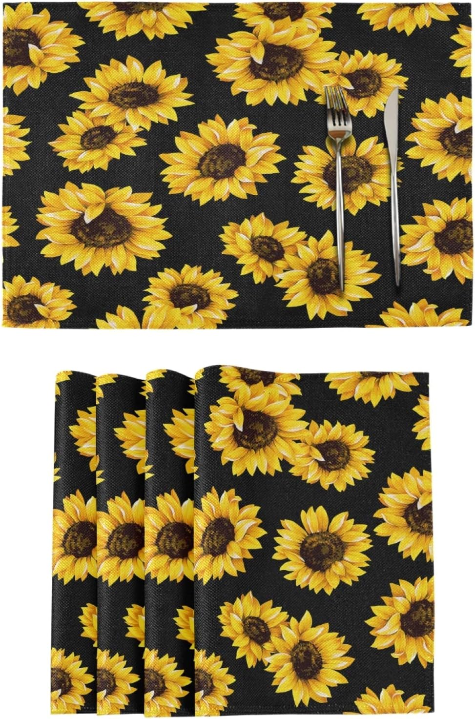 Sunflower Black Placemats Set of 6 Washable Non-Slip Burlap Table Mats Heat Resistant Place Mats for Home Kitchen Dining Party 12 X 18 in