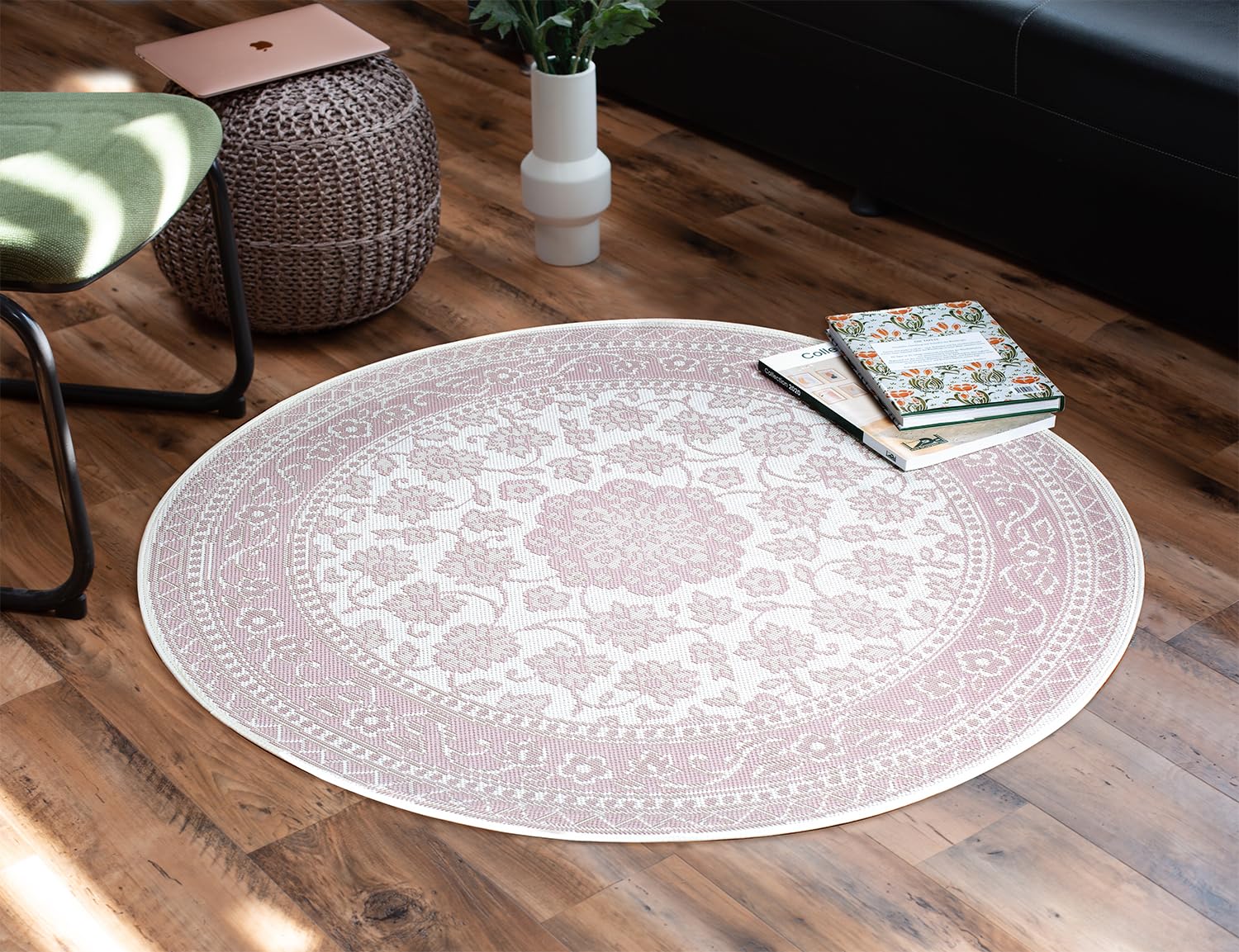 DomDeco In- und Outdoor-Teppich Rund - 120x120cm - Stilvoller Teppich für Innen- und Außenbereich - Beige-Rosé
