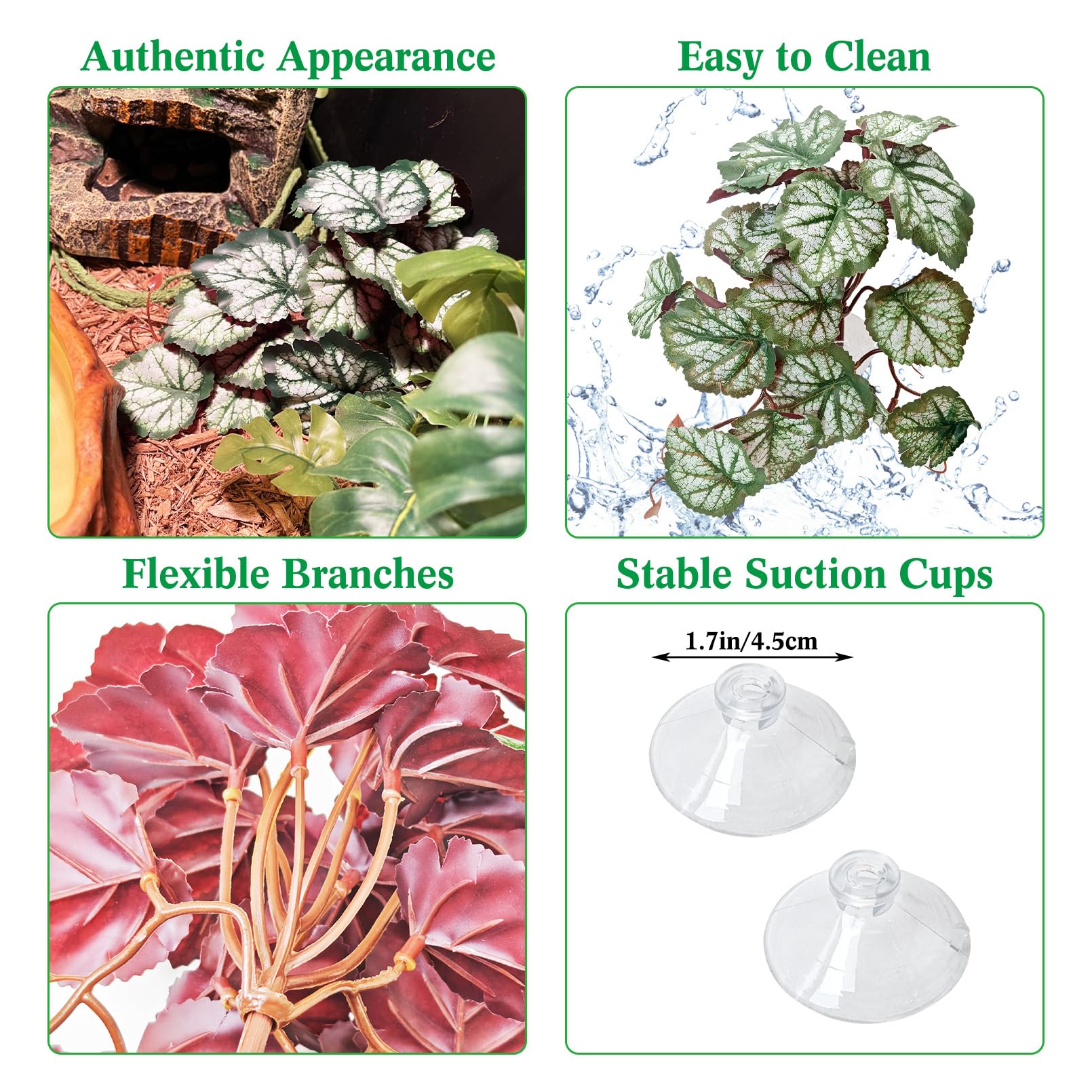VCEPJH Plantas de reptiles con ventosa, decoración de hábitat de anfibios, 2 hojas artificiales para decoración de terrario, accesorios de tanque de geco crestado, para dragón barbudo, lagarto