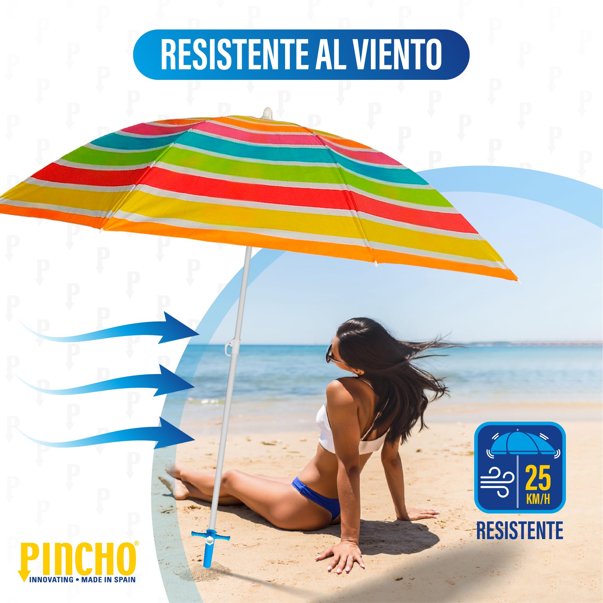 Pincho Strandschirm, 180 cm, winddicht, mit Ankerhalterung, UV50+, Stahlrohr 22 mm, Tragetasche, rostfreie Stäbe, leicht, Garten, TH Blau, 180 cm