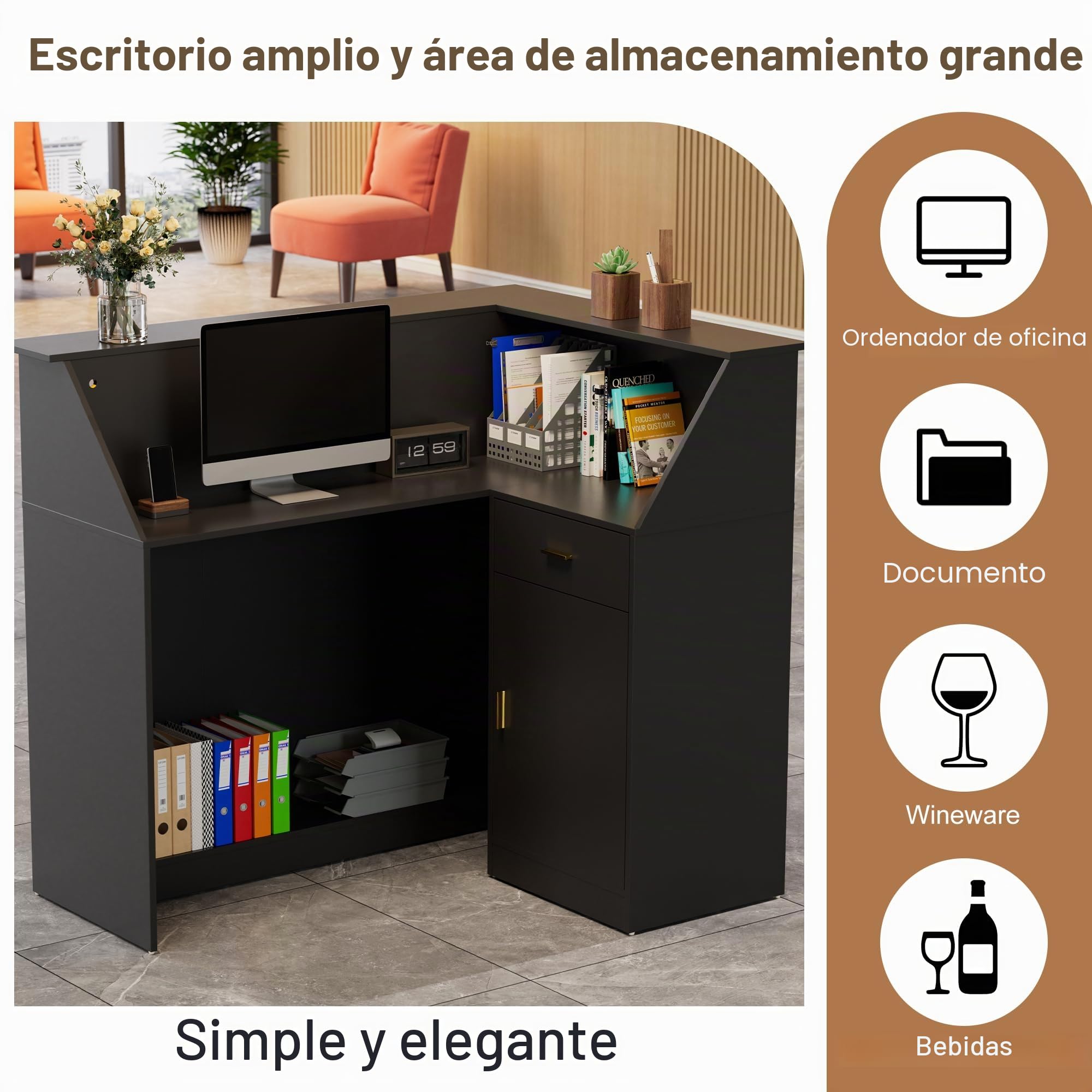 MSFE Mostrador de Recepción con LED, Mostradores Recepcion Forma L con Cajón | Armario | Vitrina, Mostradores para Tiendas Escritorio de Recepción Moderno para Oficina, 126x93x111cm (Negro)