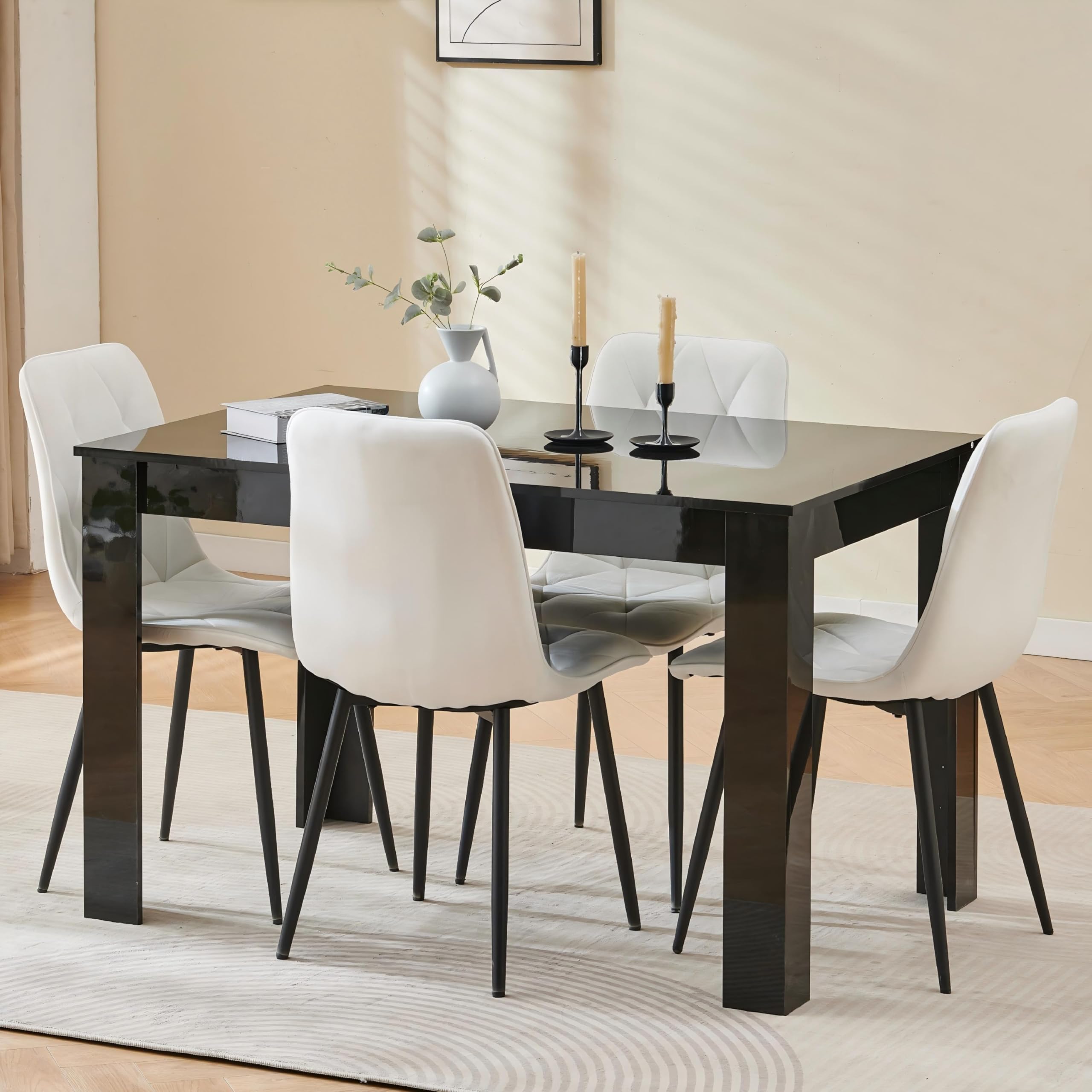 120cm Glossing Dining Table and 4 Chairs, 4 Seater Kitchen Table and Chairs Set for Space Saving, Compact Dining Room Set for 4, 120x80 cm, Wooden, Walnut Black (4 Seaters,Velvet Diamond White#5) โ image 1