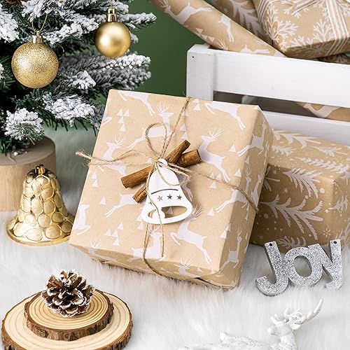 Vista 128 de WRAPAHOLIC Rollo de papel kraft de regalo de Navidad, mini rollo, 3 rollos, 17 x 120 pulgadas por rollo, colección navideña de alce de acuarela