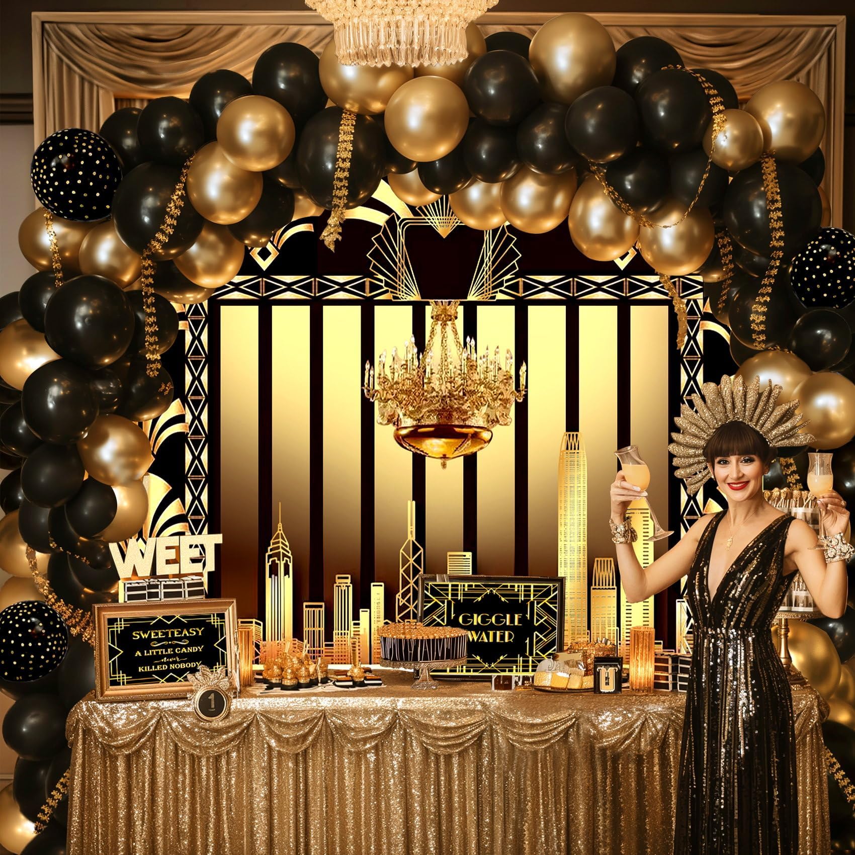 Roaring 20s Party Decorations, Roaring 20s Theme Photography Backdrop,Black and Gold Balloon Garland, Retro Jazz Party Roaring Twenties Signs for Speakeasy Decorations,1920s Party Decorations
