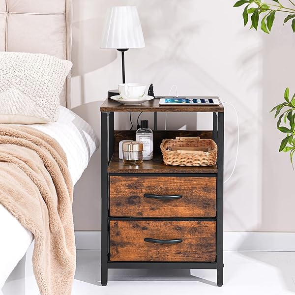 Rustic Brown Nightstand with Charging Station