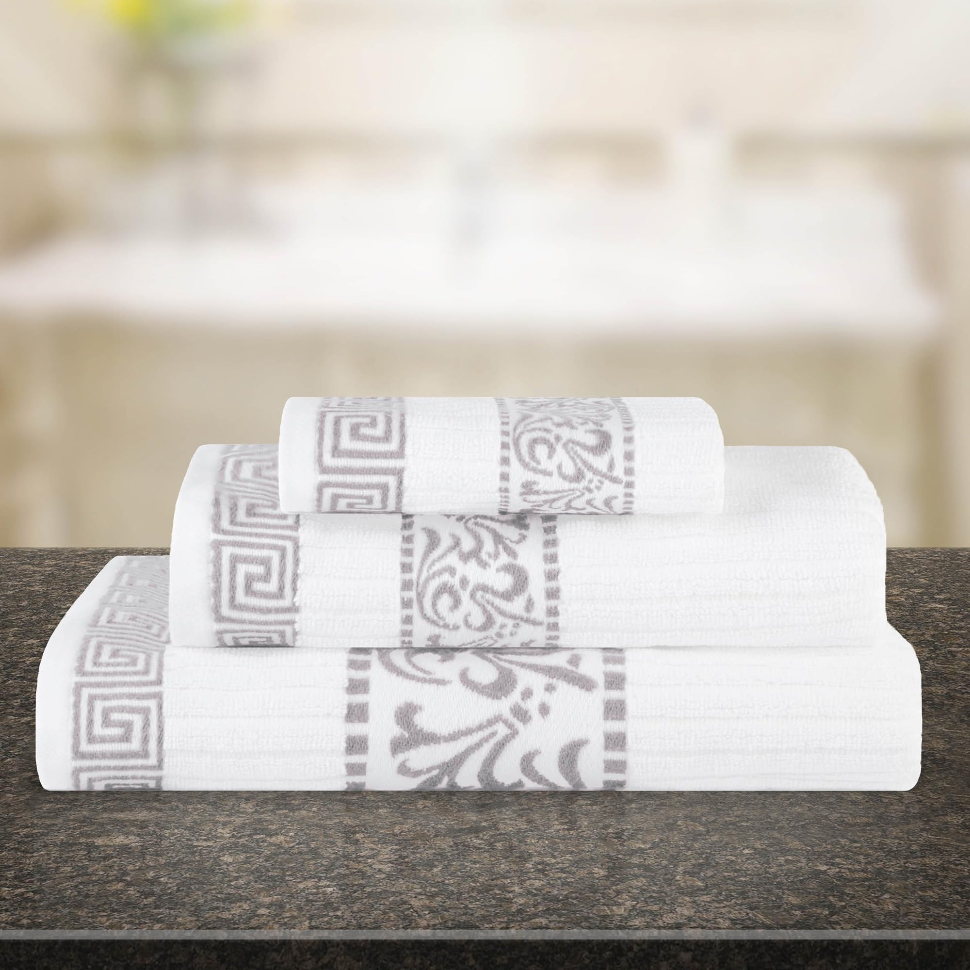 Superior 3-Piece Cotton Towel Set, Decorative Greek Pattern, Home Essentials, Absorbent Towels, Bathroom Decor, Spa, Resort, Includes 1 Hand, 1 Face and 1 Bath Towel, Athens Collection, Chrome