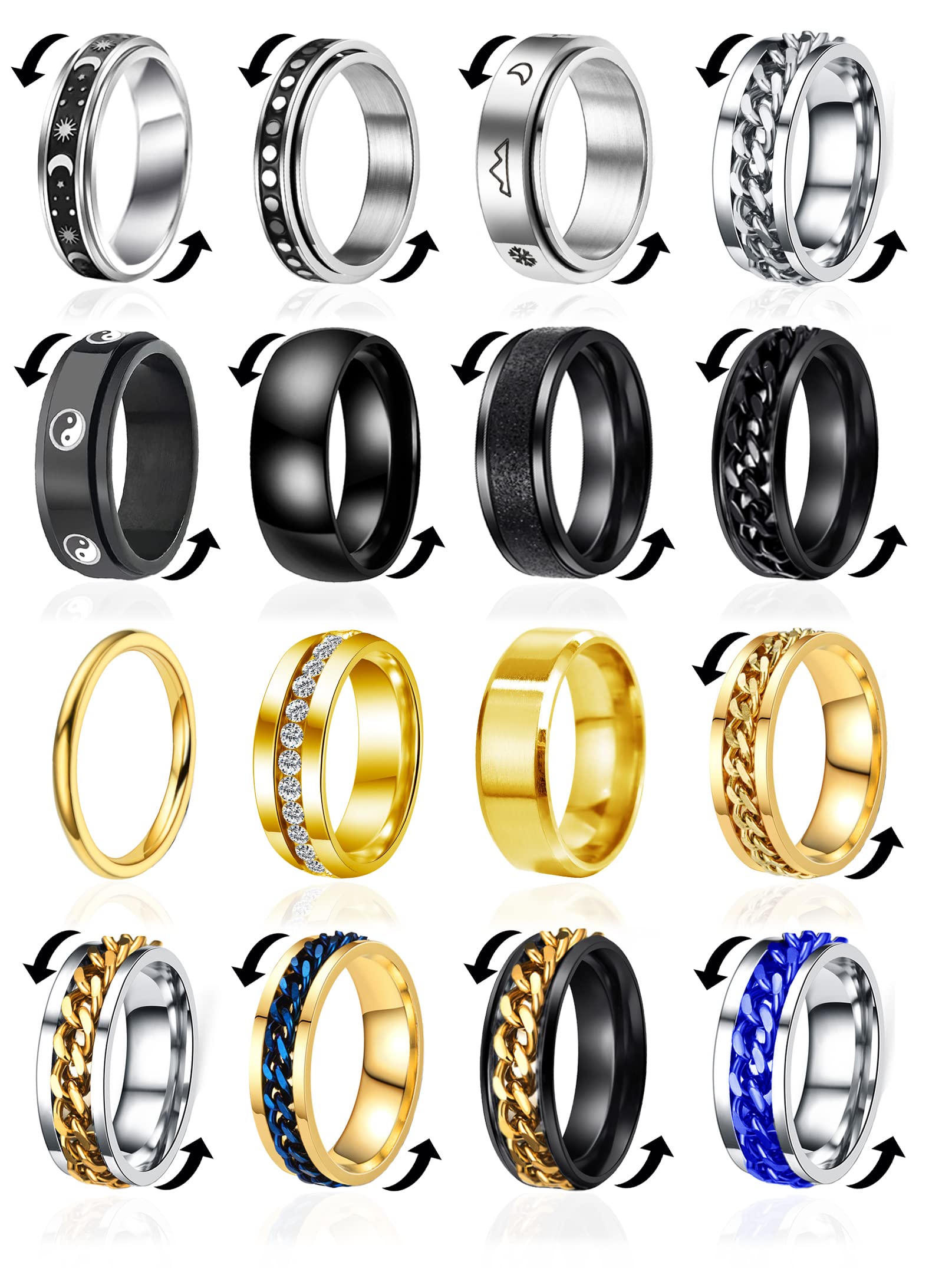 BOMAIL Stainless Steel Fidget Band Rings for Women Mens Cool Spinner Relieving Stress Anti Anxiety Rings Black Wedding Promise Moon Star Fidget Rings Pack Size 7-11