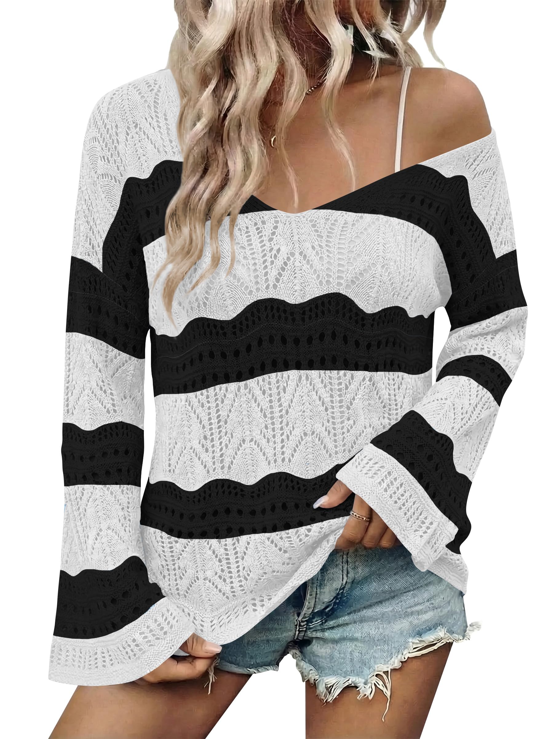 Cakulo Womens Summer Crochet Tops Boho Off Shoulder Sweaters Lightweight V Neck Loose Vacation Resort Wear 2026