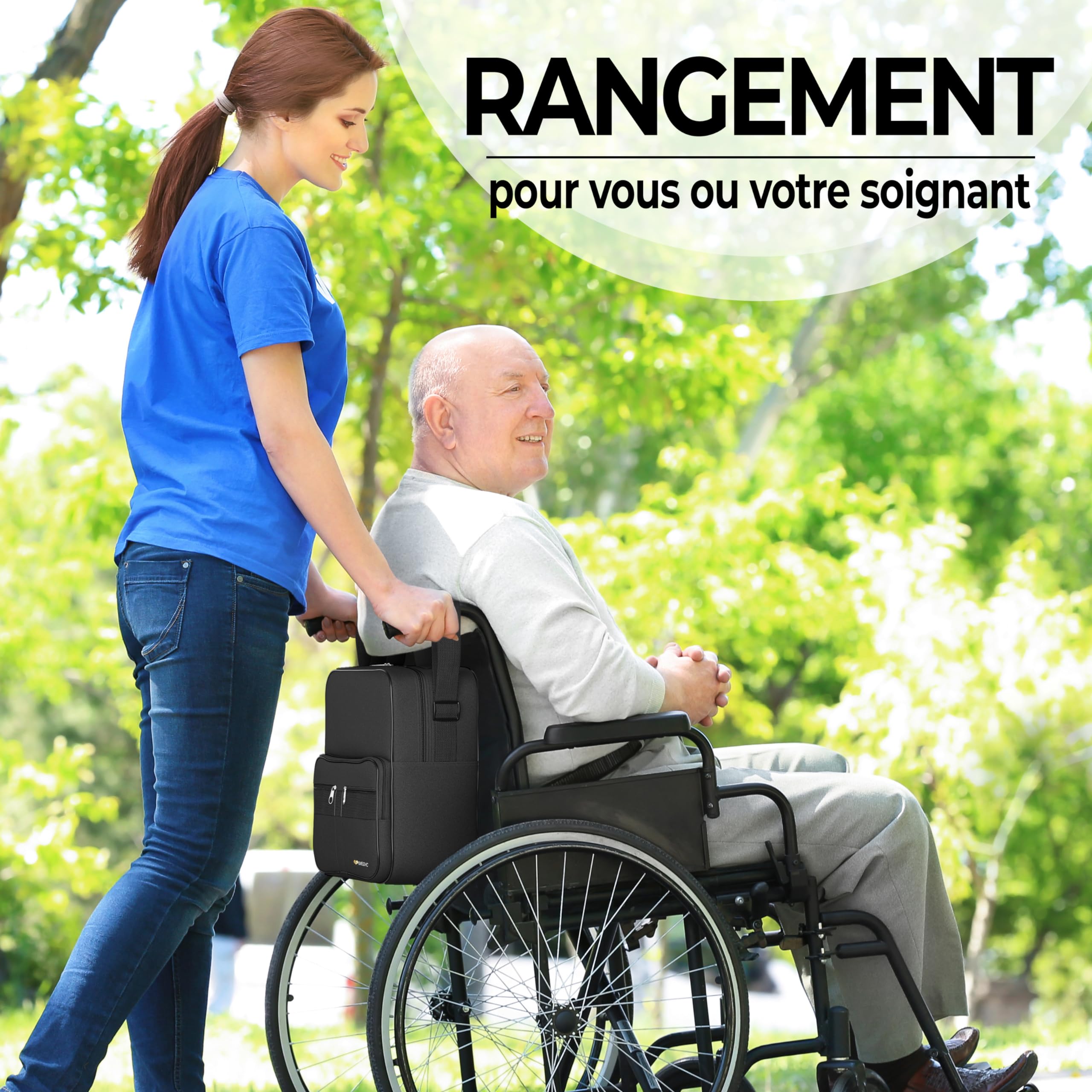 iMedic Deluxe Sac pour Fauteuil Roulant - Sacoche - Pochette S’Attache aux Poignées pour Un Rangement Pratique - Accessoire Fauteuil Roulant - Noir