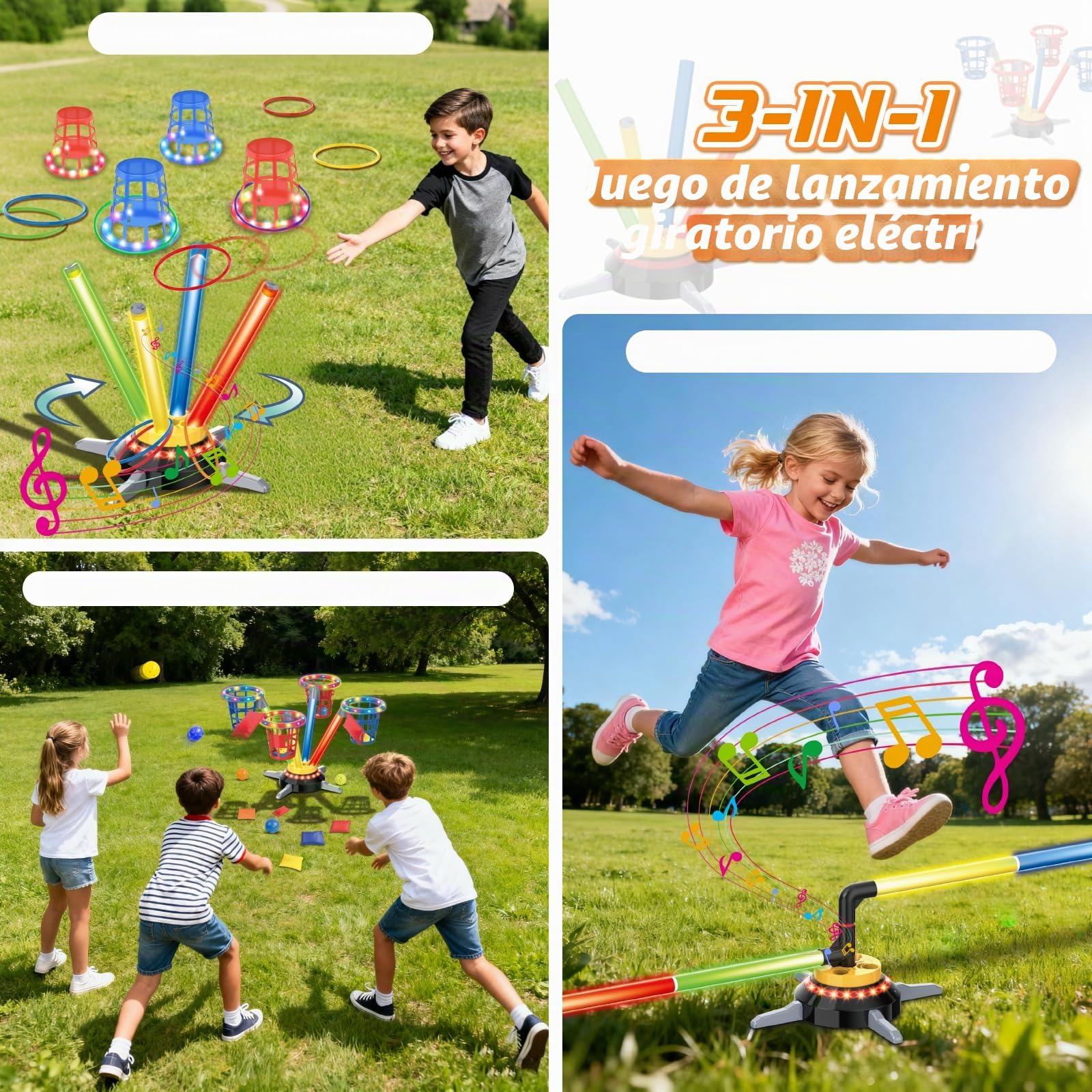 VATOS Juego de Lanzamiento 3 en 1 (Saco de Bolas y Aros), Salto Musical para Niños, Base Giratoria Eléctrica con Mando a Distancia, Luces, Juguete para Interior/Exterior y Jardín para Niño Niña 3+