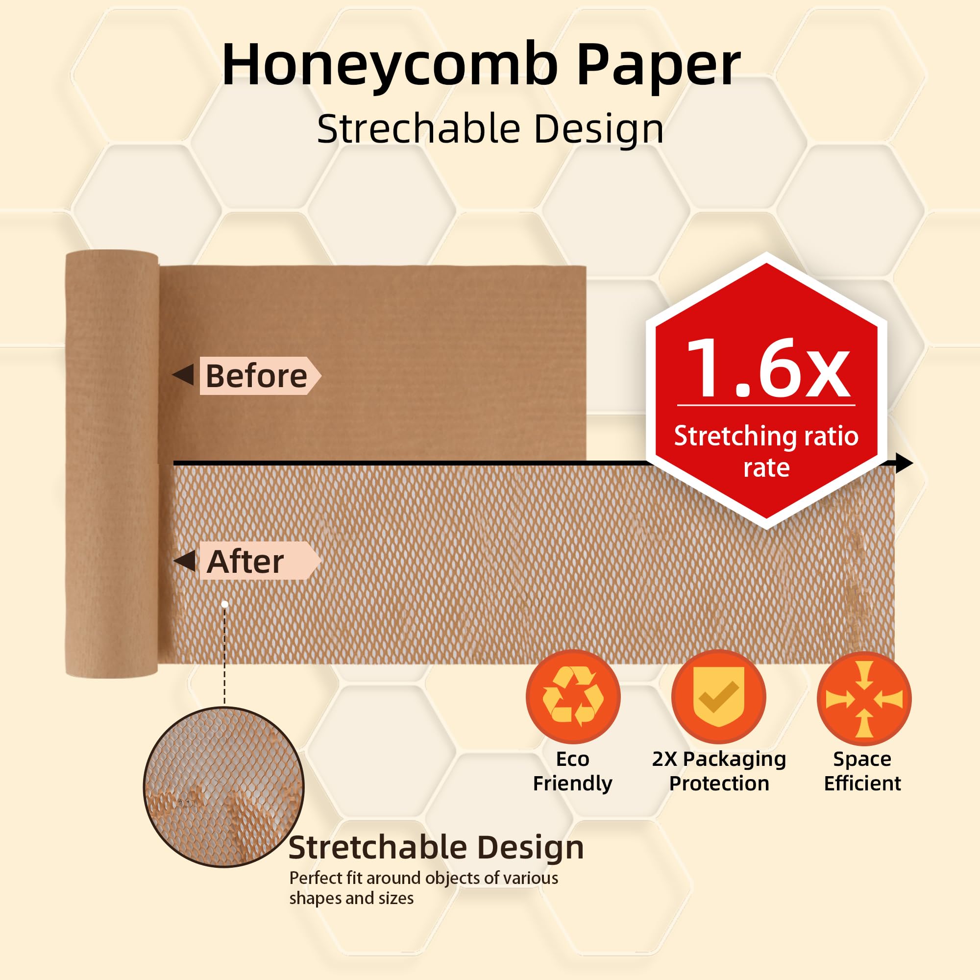 Rollo de papel de embalaje de panal de abeja de 15 x 3780 pulgadas (96 m) – Papel de regalo ecológico con calcomanías frágiles y de etiquetado, guantes, papel de panal reciclable | Alternativa al