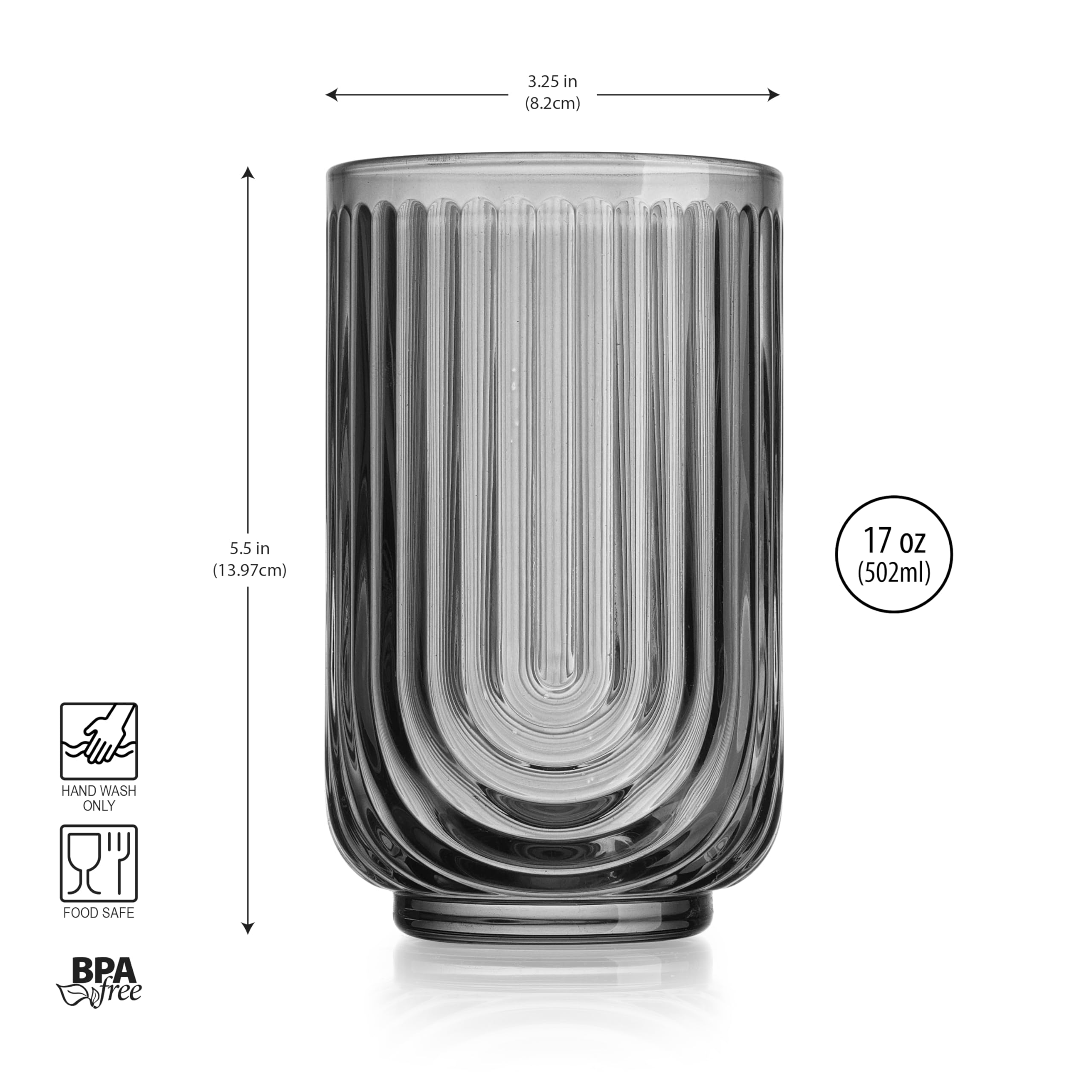 Glaver's Vintage Glassware Art Deco Glasse Ribbed Drinking Glasses U-Shape Arch Design Colored Cocktail Kitchen Tumblers Everyday Dinner Decorative Party (): Smoke S/4 17oz