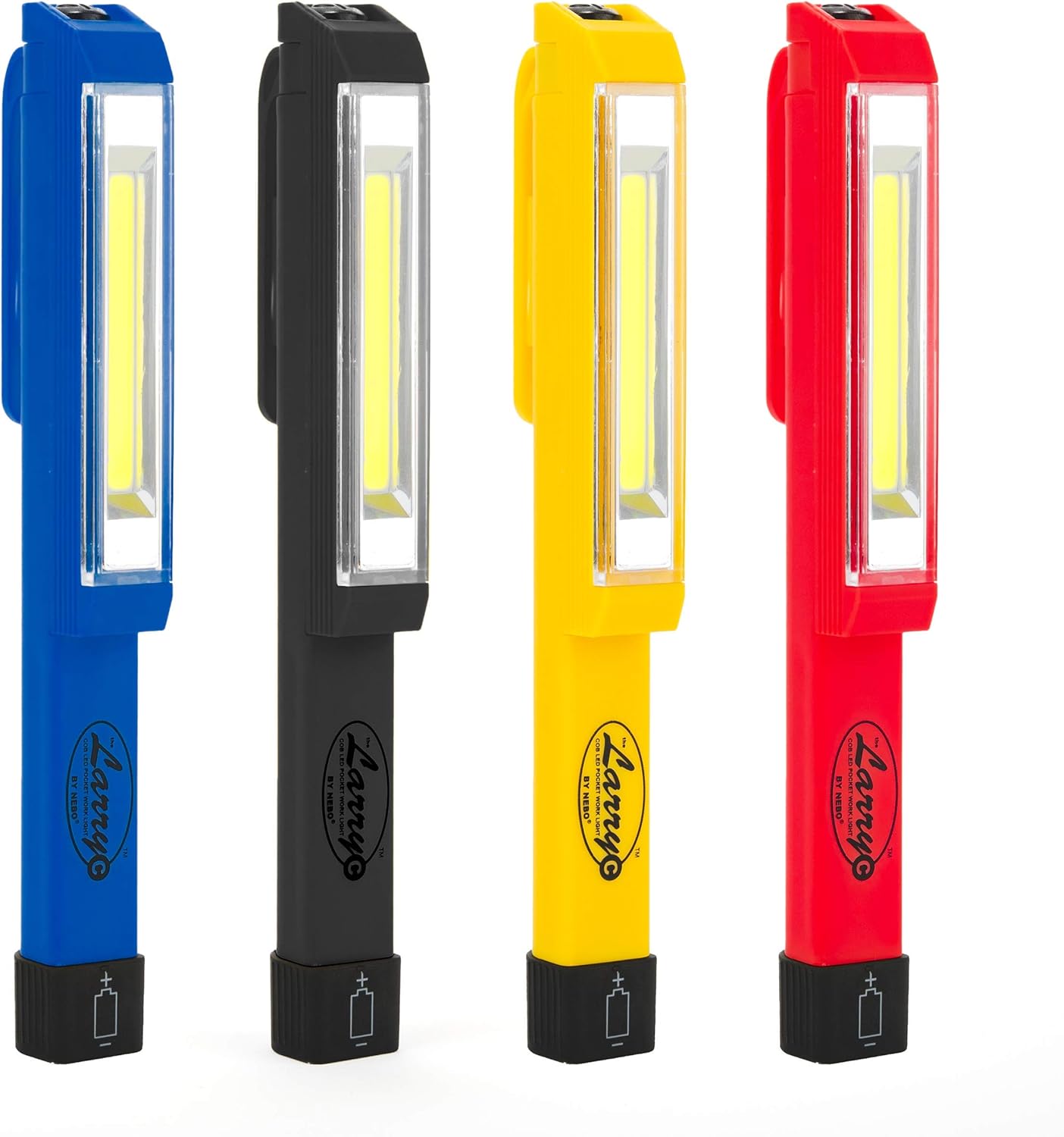 Four NEBO Larry C flashlights in blue, black, yellow, and red, showing the COB LED light panel and the battery cap with a plus/minus symbol.