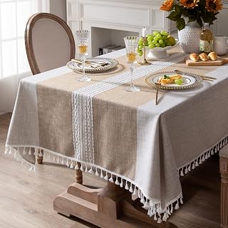 Bestickte rechteckige Tischdecke Kariert Rustikal Knitterfrei Stoff Tischdecke für Küche Essen Party Urlaub, Braun gestreift, 140 x 260 cm