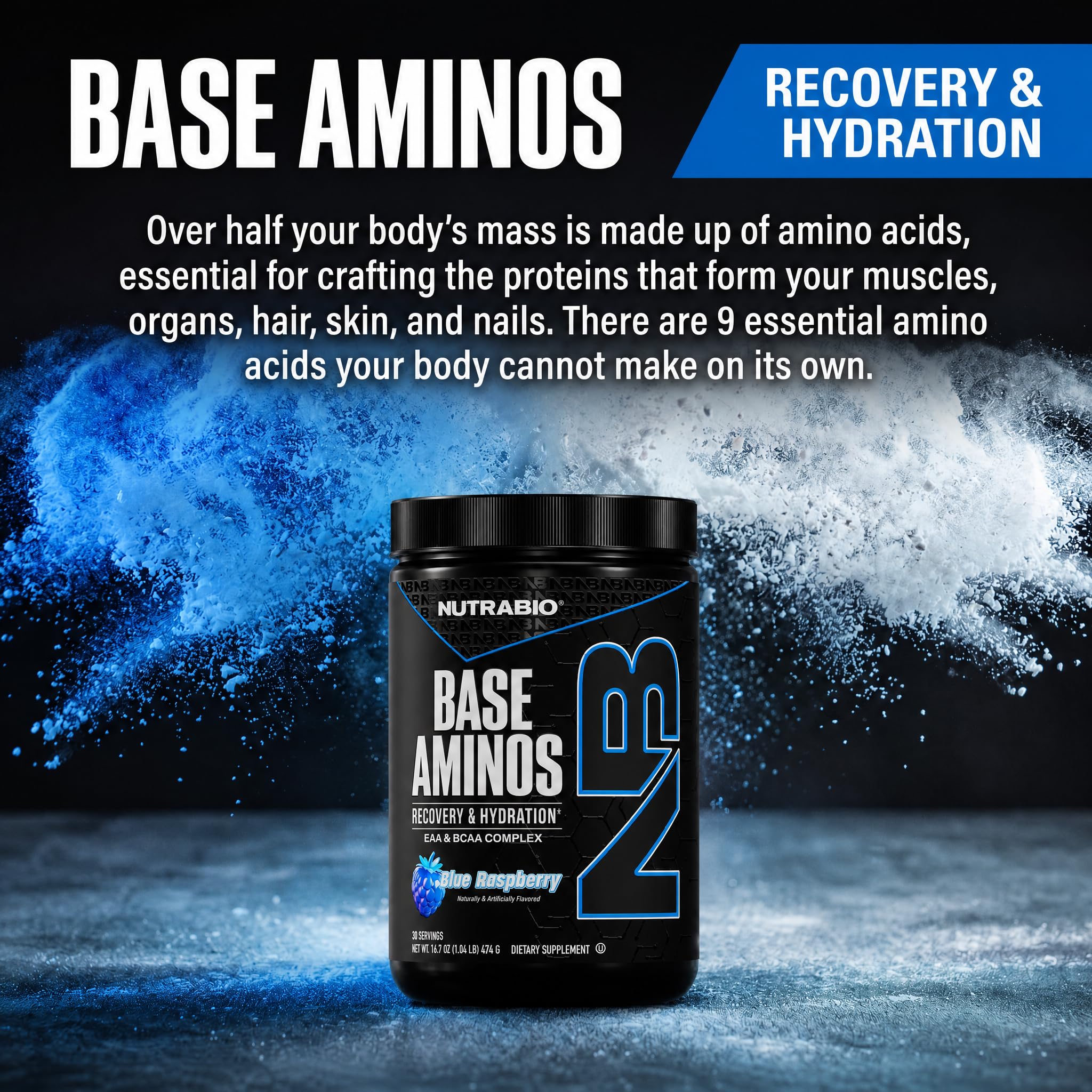 NutraBio Base Aminos EAA + BCAA Powder - 10g Essential Amino Acids Supplement, 6g 2:1:1 BCAAs, 2.8g Hydration Matrix with Electrolytes & Absorption Enhancer AstraGin - 30 Servings - Blue Raspberry — Amazon image 6