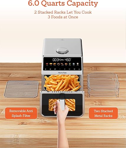 Miniatura 5 de Freidora de aire de acero inoxidable de 6 cuartos de galón, carcasa de acero inoxidable y olla interior de metal, libre de PTFE y PFAS, 9 funciones