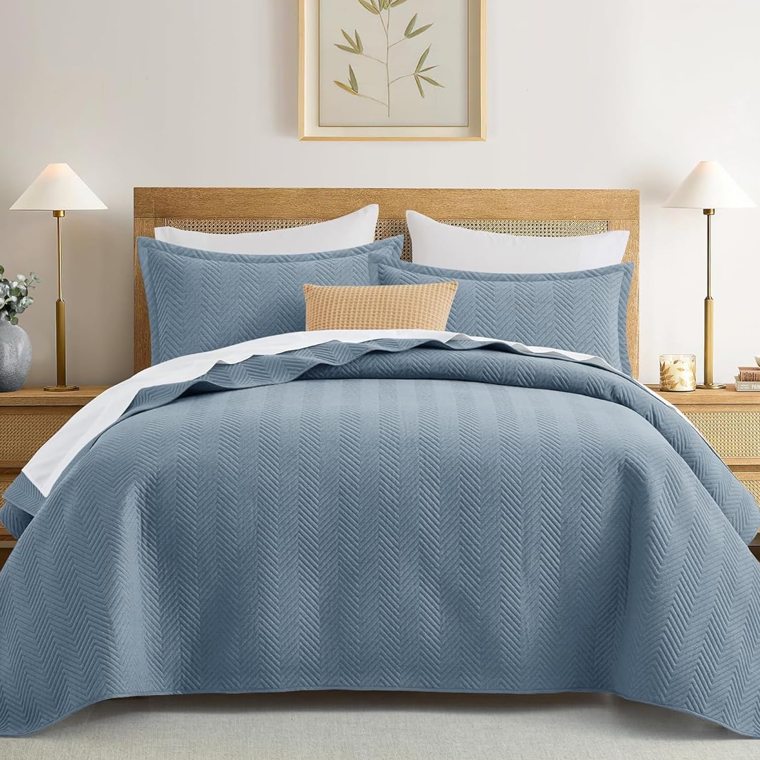 IR Imperial Rooms King Quilt Bedding Set Washed Blue Bedspread Wave