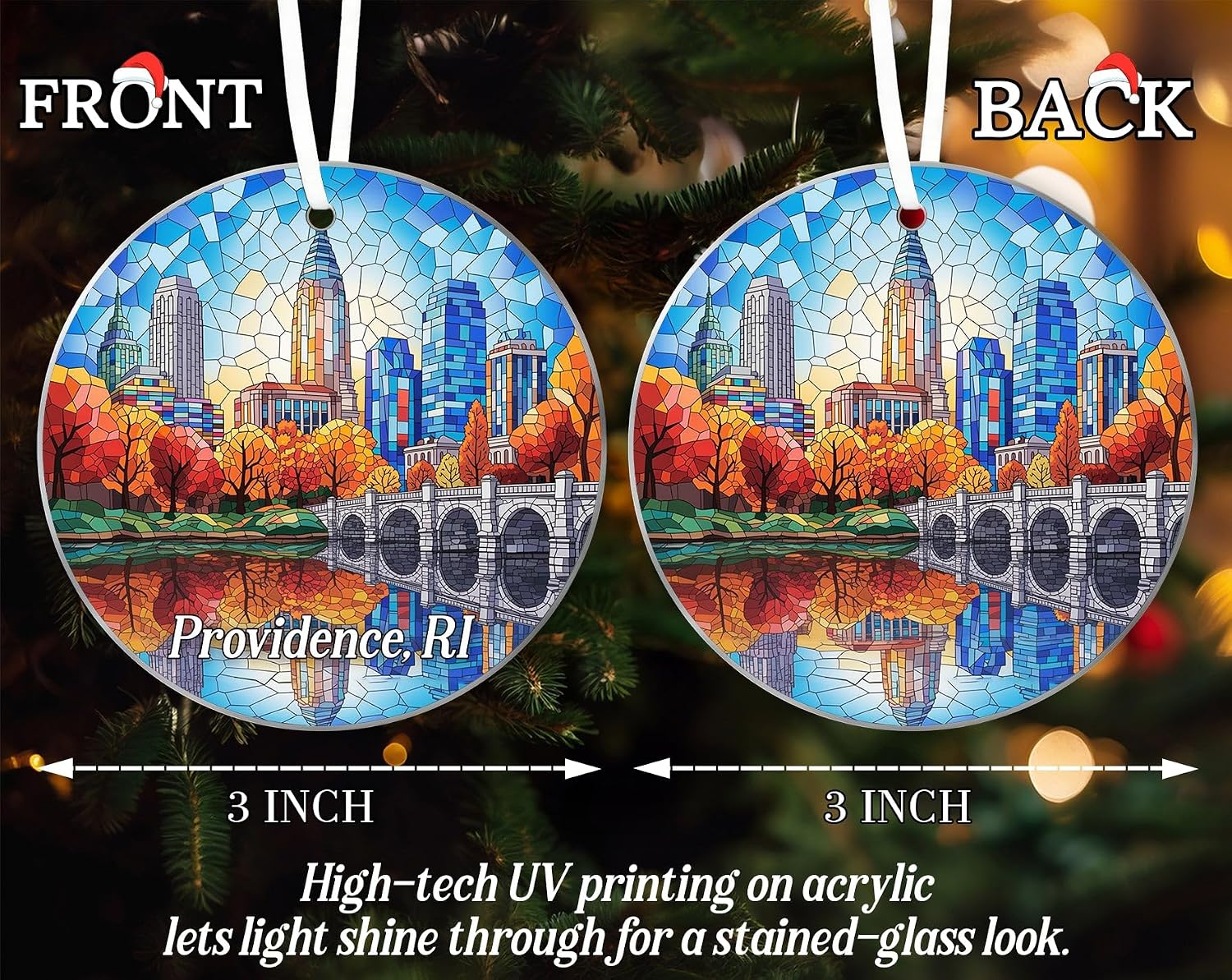Providence Ri Stained Glass Acrylic Ornament - City Skyline River View Souvenir, Double-Sided Travel Keepsake Gift for Friends-Family,Rhode Island Lovers, Hanging Decor Christmas Tree image 2
