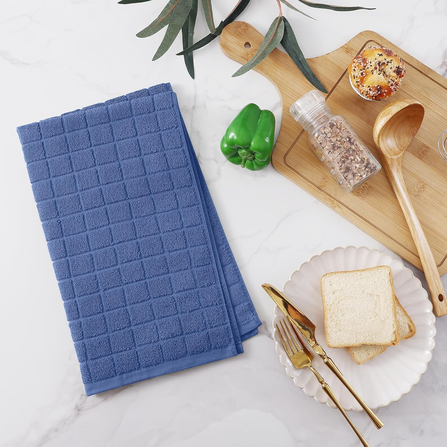 Homaxy Premium Cotton Kitchen Towels 16"x 28", Large Natural Ring Spun 390 GSM Dish Towels, Super Absorbent Terry Kitchen Hand Towels, Soft Tea Towels with Hanging Loop, Pure Navy Blue Design, 6 Pack