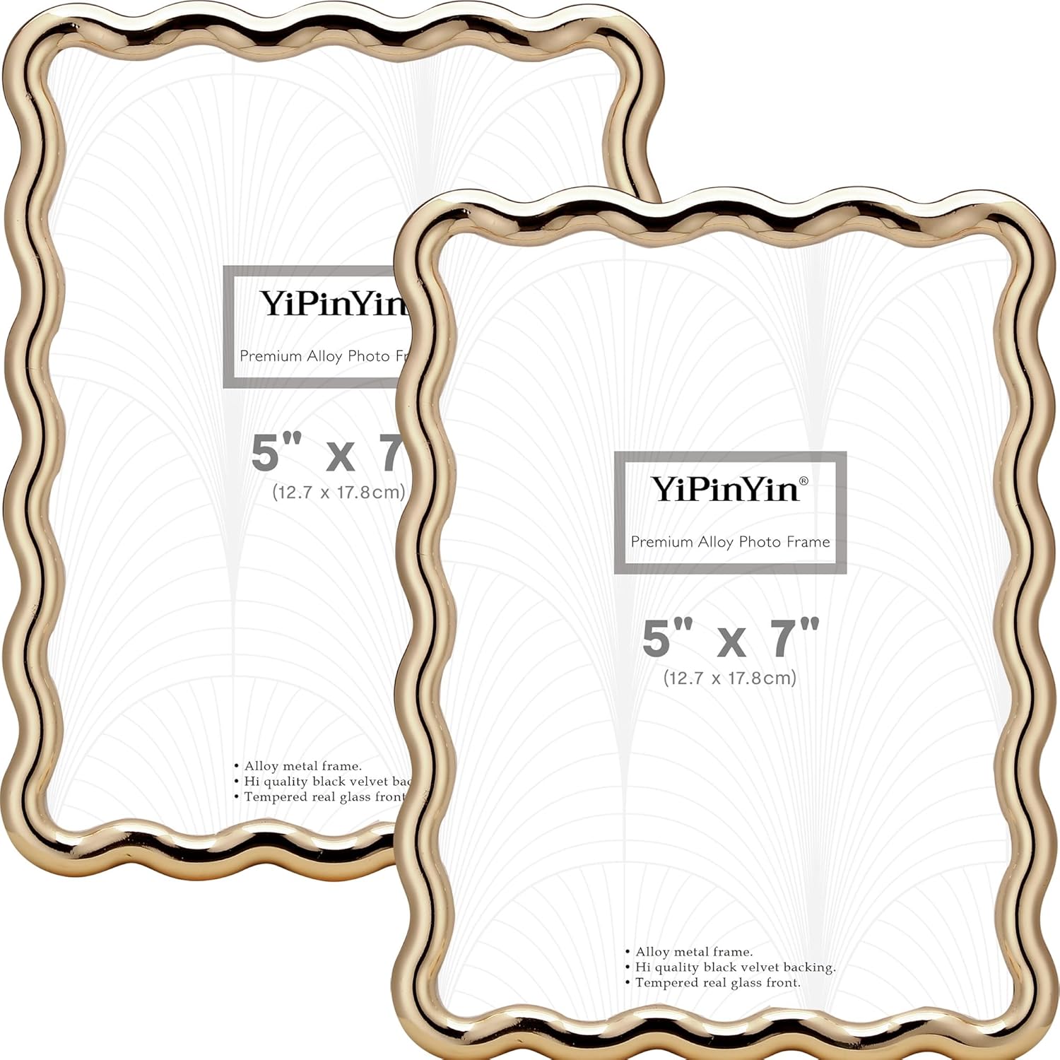 5x7‘’ Gold Picture Frames Set of 2,High-End Heavy Duty Zinc Alloy Photo Frames with Wave Design,Velvet Backing,Dual Use for Desktop Display & Wall Hanging,Fashionable Decor Frames