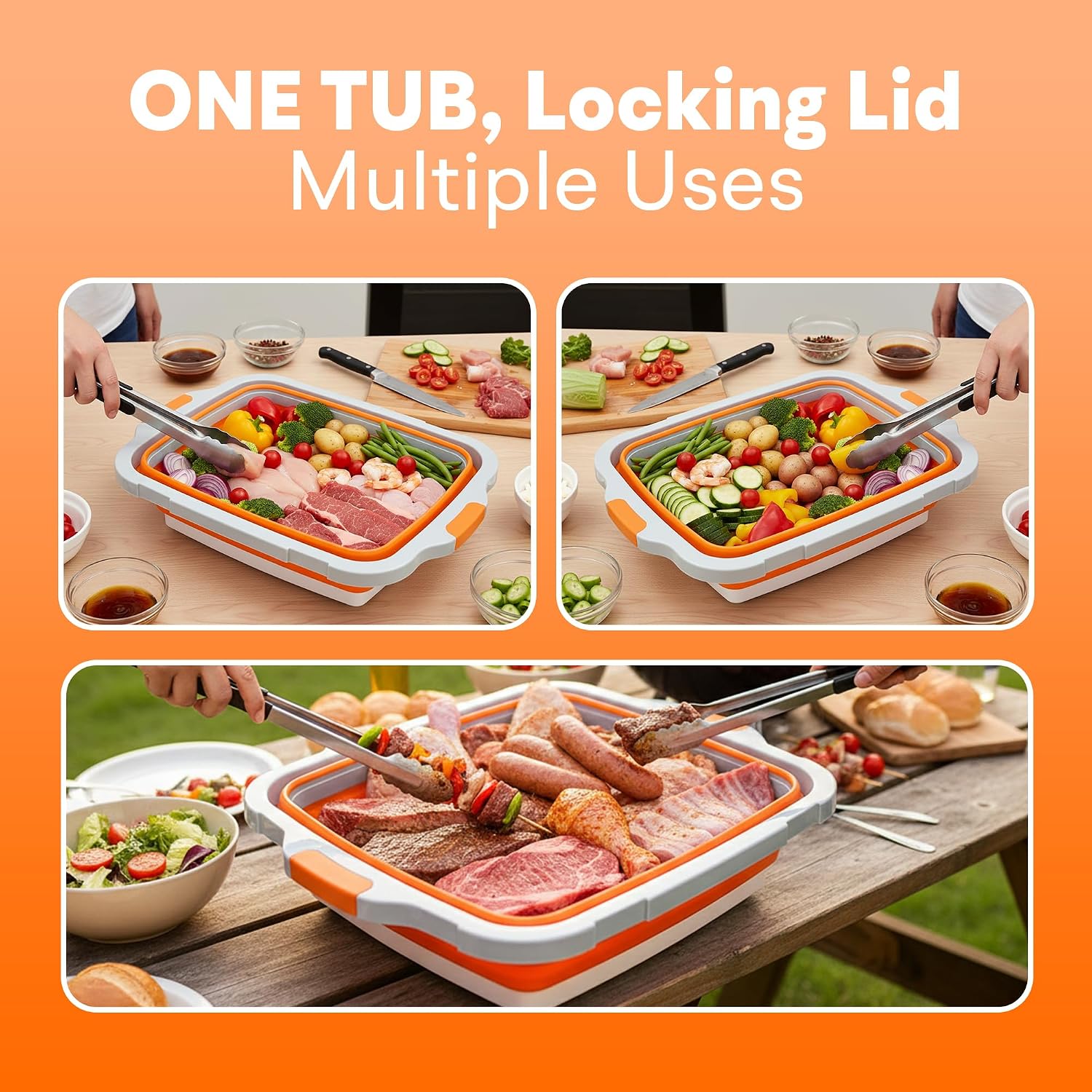 2-pack XL Collapsible BBQ Prep Tub with Cutting Board – Foldable Food Prep Container for Outdoor Cooking & Kitchen Use – Space Saving Collapsible Wash Tub, Portable BBQ Prep Tub with Locking Lid